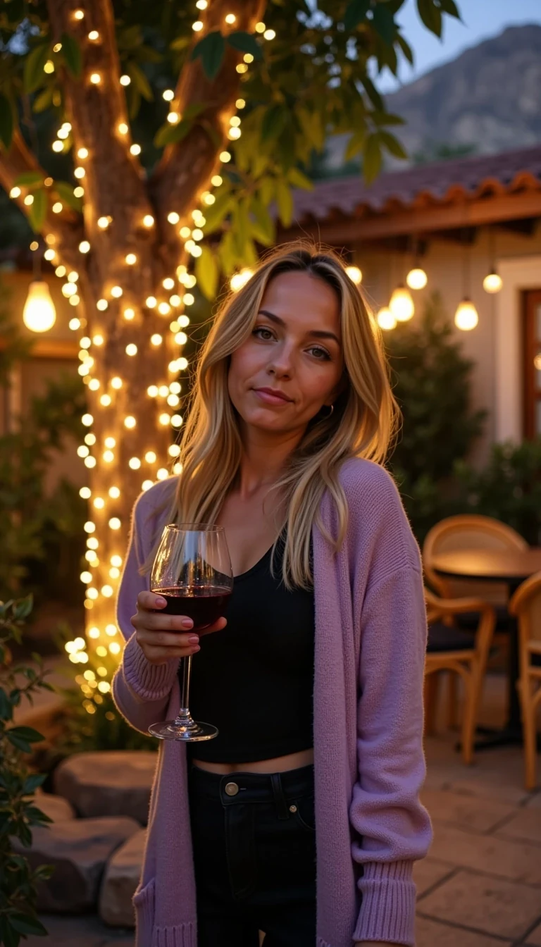 A full body shot photo of CSTMDL standing outdoors at a cozy, warmly lit patio in the evening, with soft, glowing lights wrapped around a tree behind them creating a charming atmosphere. The image is rich in detail, with warm tones and clear textures throughout. The woman has fair skin, Fit, feminine figure with soft curves, and a natural hourglass shape. She is smiling warmly at the camera, holding a glass of red wine in her right hand, and wears a soft-textured lavender cardigan over a black top. The background features a large tree with sparkling string lights wrapped around its trunk and branches, adding a magical touch to the scene. The setting suggests a private outdoor seating area, with elements like terracotta-tiled roofing, greenery, and rattan chairs contributing to a serene, inviting vibe. The overall composition is balanced, with the woman framed against the softly glowing tree, and the lighting enhances the warm, intimate feel of a quiet evening shared among friends. The details are vivid, with textures of clothing, skin, and background elements clearly visible, while the warm lighting creates a relaxed and joyful mood