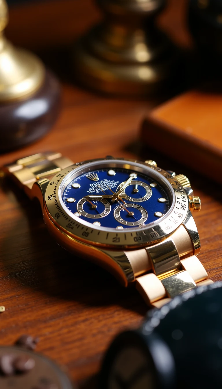 Ultra realistic macro shot of a Rolex Daytona watch resting on a wooden desk, perfect reflections on the sapphire crystal, gold and silver tones, luxury ambiance, warm soft lighting, hyper detail, shallow depth of field, 8k resolution