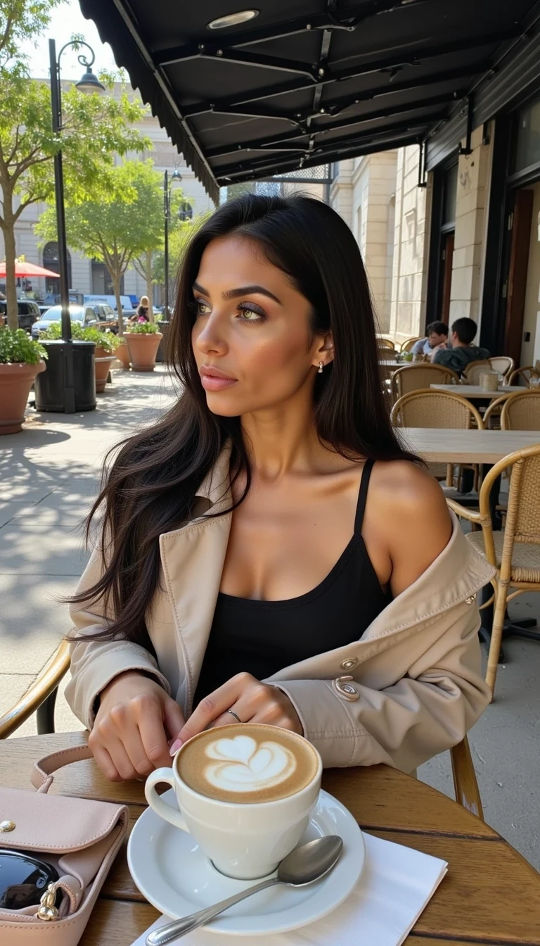 Boring low quality Snapchat photo circa 2013, iPhone 4 candid medium shot photo of CSTMDL, a young Mediterranean woman with golden-olive skin reminiscent of Kim Kardashian. She has extra-long sleek brunette hair in glossy waves, striking almond-shaped green eyes framed by thick black lashes, perfectly arched brows, high contoured cheekbones, a sculpted button nose, and very voluminous nude-toned lips. Her skin looks unretouched and human: visible pores on her nose and cheeks, faint redness around her chin, uneven tone across her forehead, soft under-eye shadows, smile lines, a couple faint blemishes near her jawline, a light oil sheen on her T-zone, peach fuzz catching sunlight, and stray baby hairs lifting in the breeze. She’s dressed in a chic beige trench coat draped over her shoulders, a black silk camisole, and oversized sunglasses resting in her hair. A small luxury handbag sits on the café table next to a half-drunk cappuccino. She’s caught mid-movement, glancing off to the side while adjusting her coat, her phone lying face-down near the cup. The outdoor café is bustling with background chatter, people walking by, wicker chairs, and potted plants around the patio. Lighting is imperfect — streaks of sunlight break through the awning, creating overexposed patches on her coat while the left side of her face is in dull shadow. Image quality is grainy, with muted colors, visible pixel noise, slight motion blur from shaky hands, and compression smudges around her hair strands. Off-center framing cuts part of her handbag out. The vibe feels unfiltered, casual, and human — like a quick snap someone posted to their story.