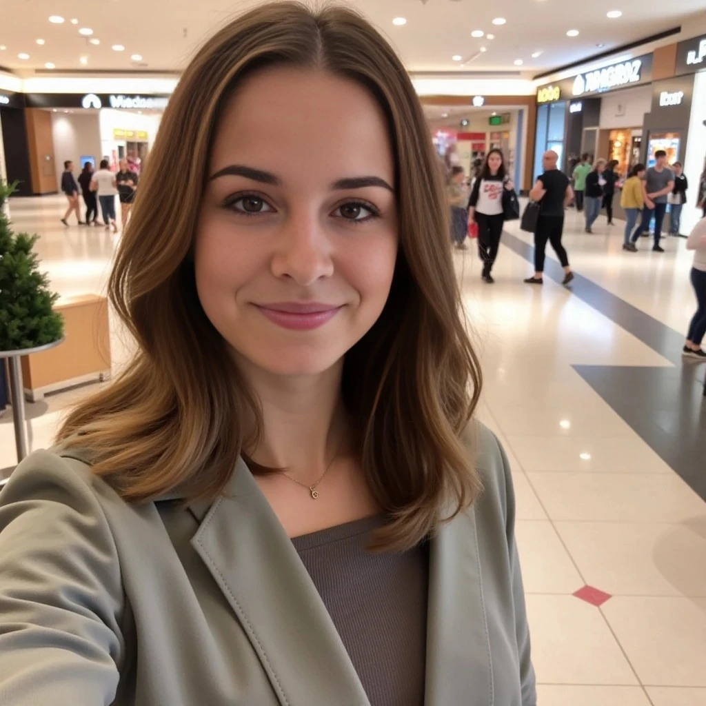 boring low quality snapchat photo circa 2015, average looking woman, full outfit, standing, soft light brown hair, mall background