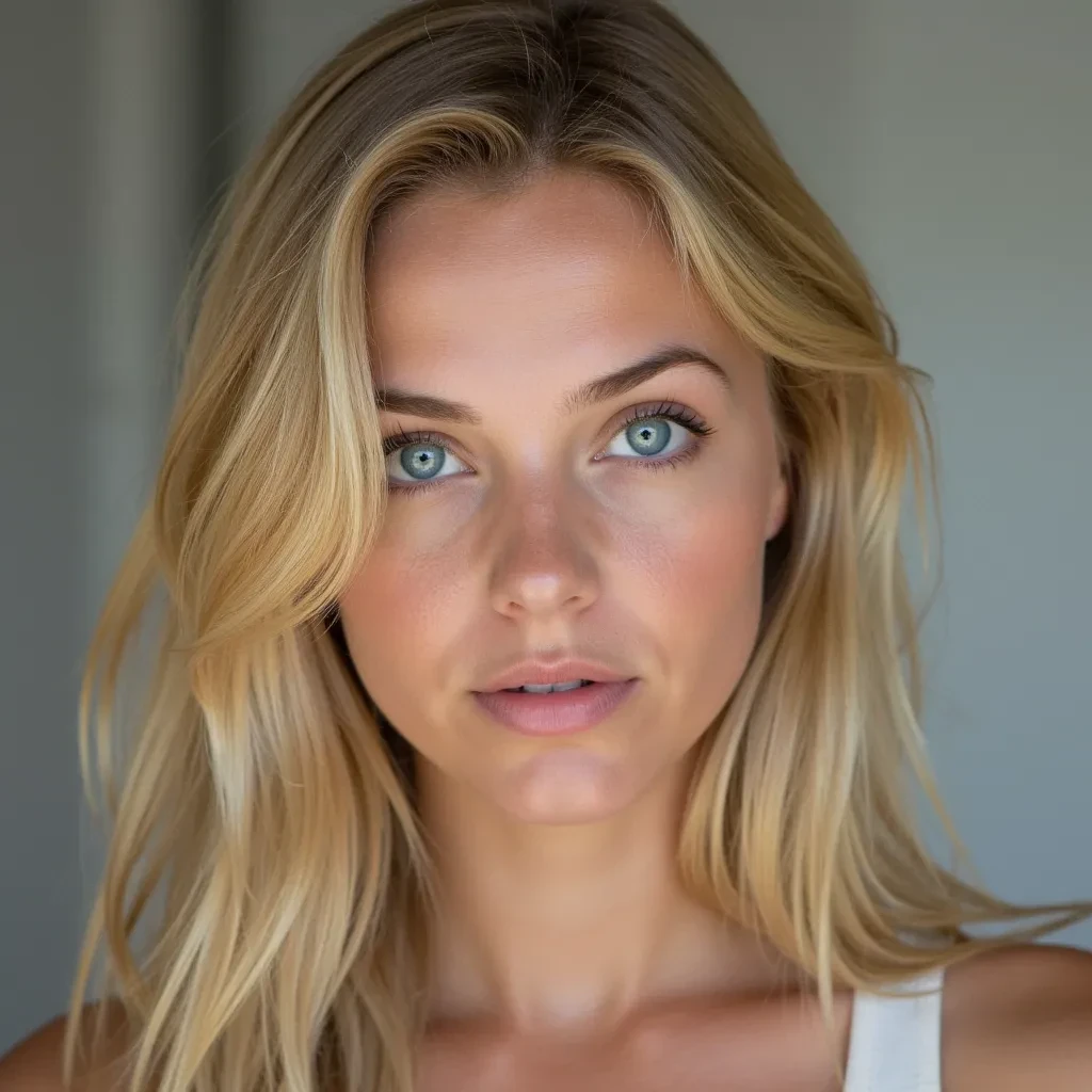 Portrait of a young blonde woman with blue eyes