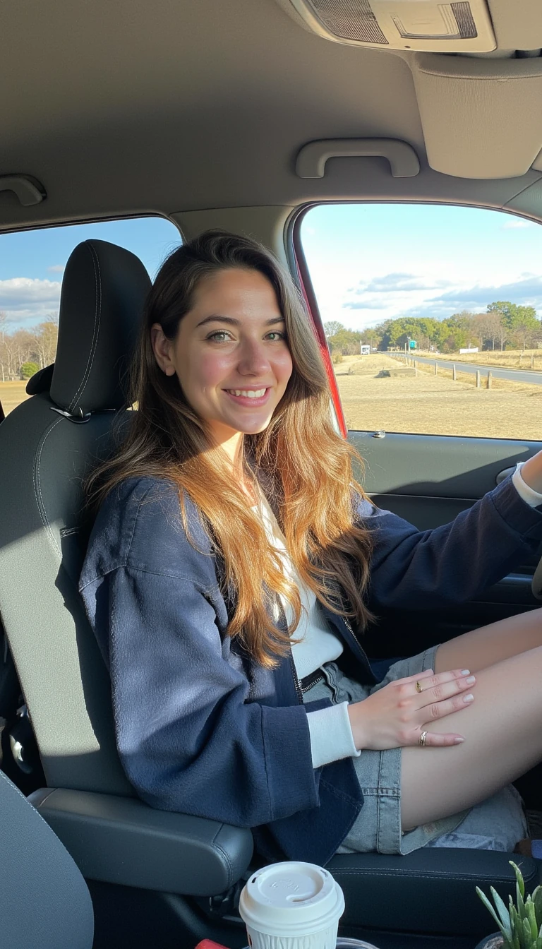 boring low quality snapchat photo circa 2015, A young woman with a warm smile, sitting in the driver's seat of a cozy car. She has soft, wavy brown hair cascading past her shoulders. The sunlight streams through the window, casting a gentle glow on her face. The interior of the car is neat and comfortable, with a coffee cup in the cup holder and a small plant on the dashboard. The background outside the window shows a scenic road lined with trees and blue skies