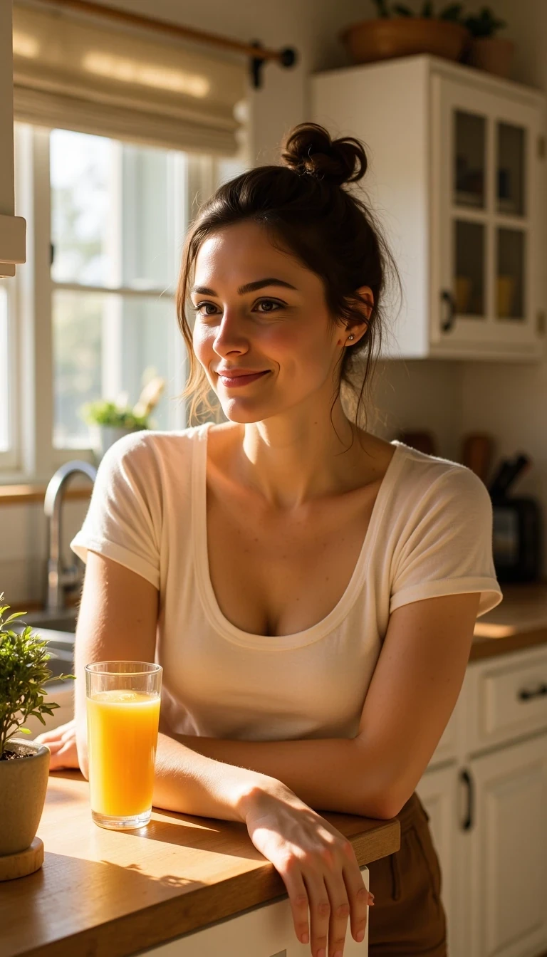 Sunlit kitchen scene, woman leaning on counter with glass of juice, wearing a loose tee and messy bun, playful energy, CSTMDL woman