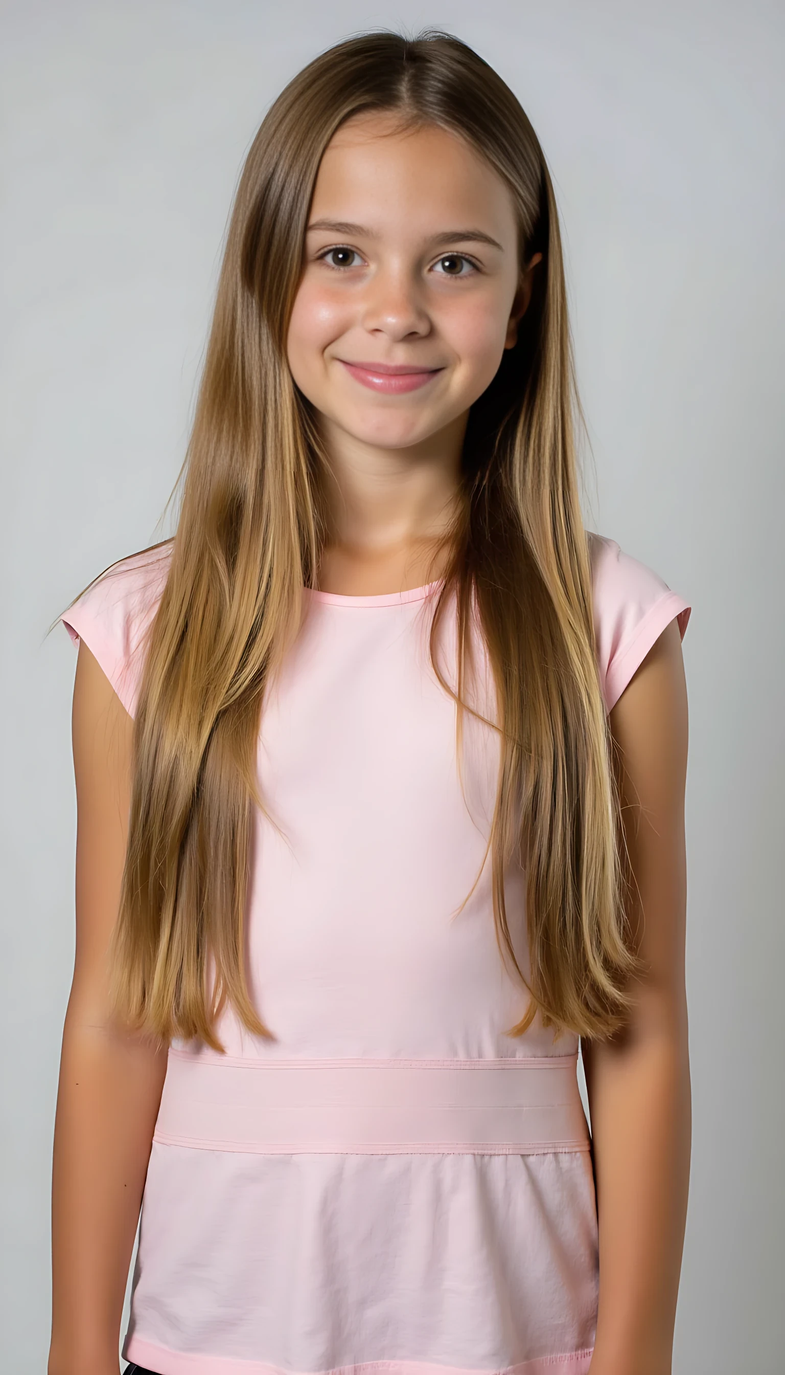 The girl in the image is a teenager with a youthful face and a calm expression. She has fair, smooth skin with soft, unblemished cheeks. Her eyes are large and almond-shaped, with a warm brown tone, framed by straight, well-defined eyebrows. Her nose is straight and proportionate, and her lips are medium-sized with a gentle, natural smile. Her hair is very long, straight, and well-kept, light brown with blonde highlights. It is parted in the middle and falls forward over both shoulders. She has a slender build, with long arms and delicate fingers. Her posture is confident, standing upright with her hands on her hips, conveying a relaxed yet self-assured demeanor.

