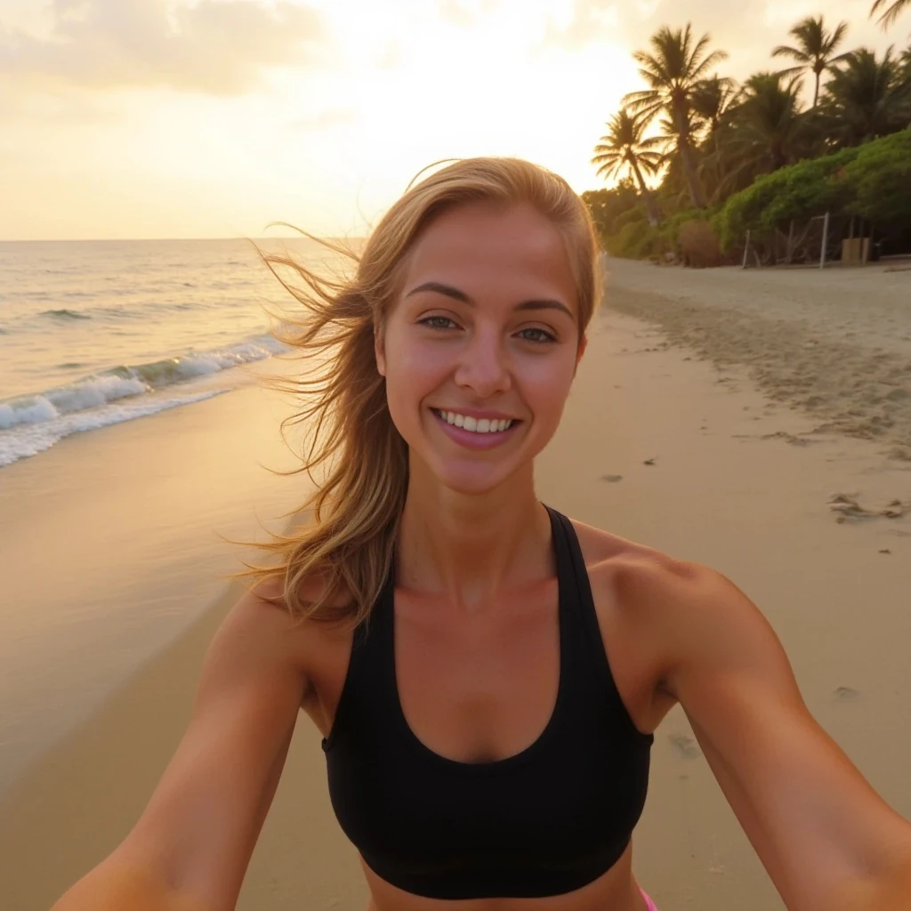A serene beach setting at sunset, with soft golden light casting long shadows.A selfie of a young blonde woman, A fit young woman with flowing hair is practicing yoga on the sand, . She is wearing a sleek, form-fitting sports outfit,  Waves gently lap at the shore, and palm trees sway in the breeze, creating a tranquil atmosphere. The sky blends warm hues of orange and pink, adding to the calming scene.
