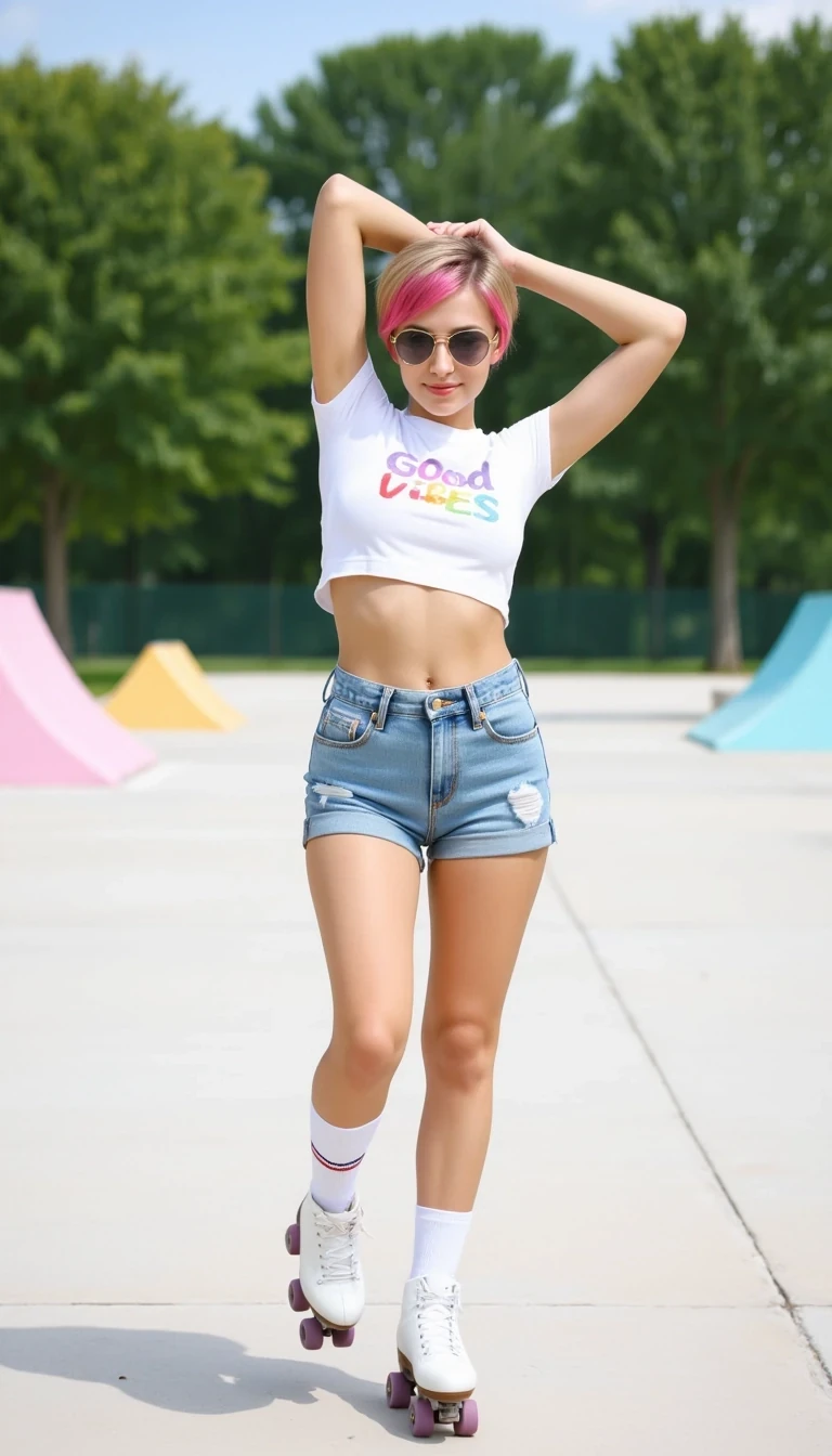A vibrant summer scene at an outdoor skate park with pastel ramps in the background. A vibrant, sunlit outdoor skatepark scene with soft pastel-colored ramps and smooth concrete. A confident, fit young woman a stylish woman featuring pixie cut vibrant hot pink highlights blended with natural platinum blonde hair and wearing aviator sunglasses, and a confident smile poses on classic white roller skates with purple wheels. She's wearing a white crop top with Good Vibes rainbow script, distressed light denim high-waisted shorts, and white knee-high socks with two red stripes. She's on white retro-style quad roller skates with purple wheels, standing with legs crossed and arms stretched above her head in a relaxed, cheerful pose. The lighting is bright and sunny, creating soft shadows, with green trees in the background and a clear blue sky."






















