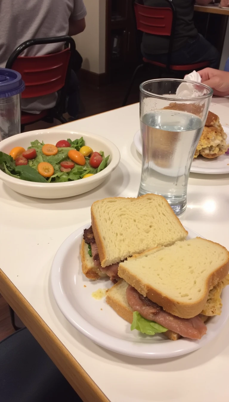 boring low quality snapchat photo circa 2015, this picture is being taken in a restaurant. The picture is of sandwich with a glass of water next to it. There are other food dishes and drink glasses on the table as well.  All the food dishes are white.