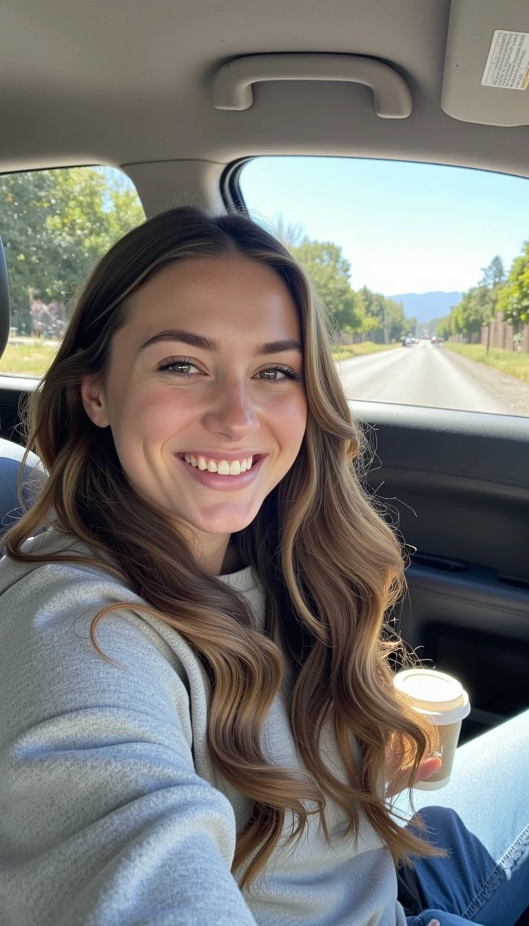 boring low quality snapchat photo circa 2015, A young woman with a warm smile, sitting in the driver's seat of a cozy car. She has soft, wavy brown hair cascading past her shoulders. The sunlight streams through the window, casting a gentle glow on her face. The interior of the car is neat and comfortable, with a coffee cup in the cup holder and a small plant on the dashboard. The background outside the window shows a scenic road lined with trees and blue skies