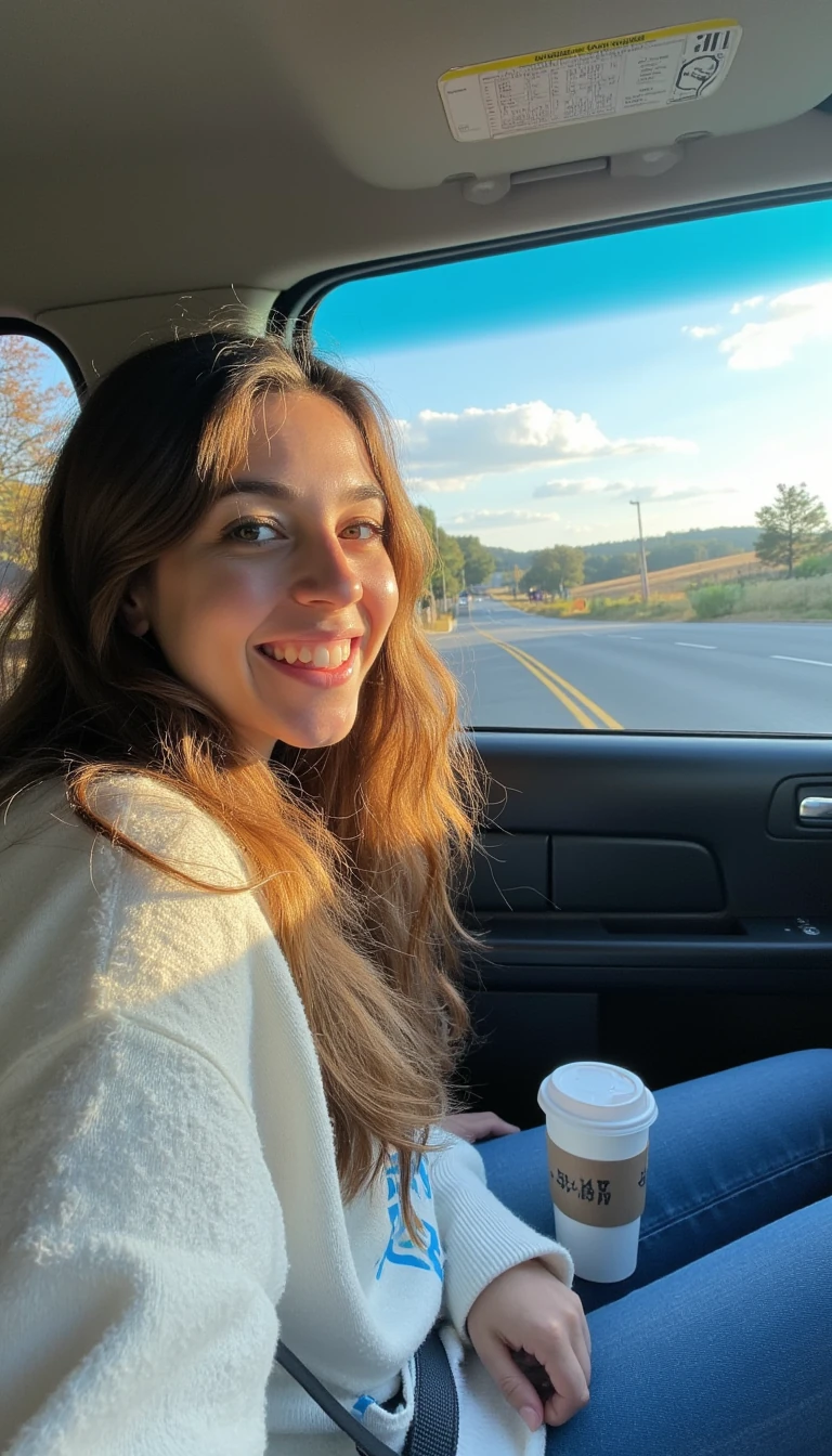 boring low quality snapchat photo circa 2015, A young woman with a warm smile, sitting in the driver's seat of a cozy car. She has soft, wavy brown hair cascading past her shoulders. The sunlight streams through the window, casting a gentle glow on her face. The interior of the car is neat and comfortable, with a coffee cup in the cup holder and a small plant on the dashboard. The background outside the window shows a scenic road lined with trees and blue skies