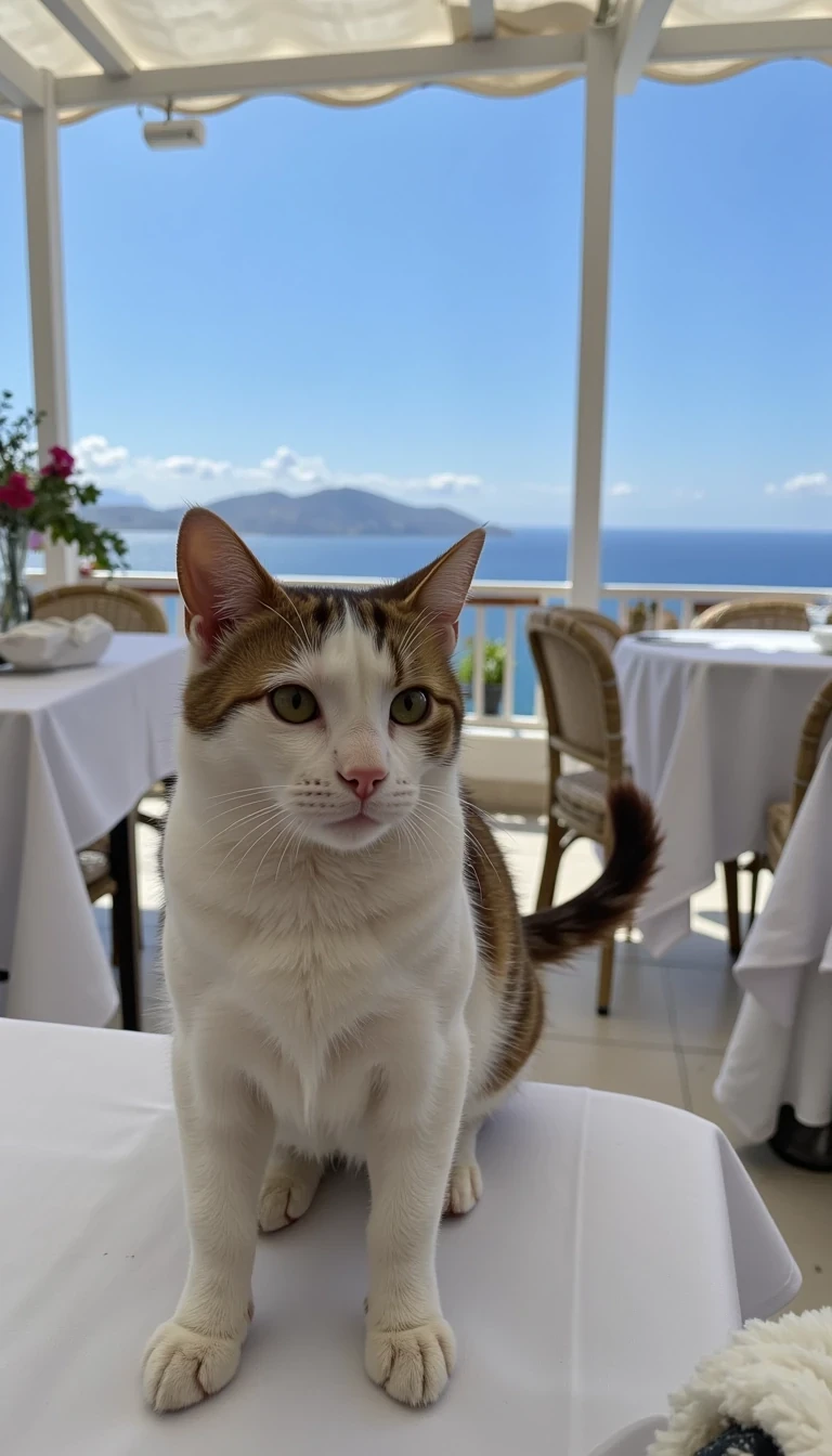 Nyxie 2 is at a cafe in Mykonos. You can see Greece in the background.