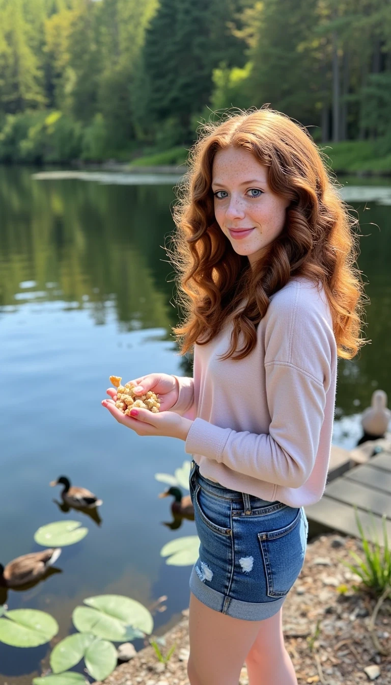 photo of woman CSTMDL, she has long curly auburn hair, very light blue eyes and fair skin. plump pink lips with a slight tint of red. she is smiling, looking away from the camera. she is a baby faced woman with striking light blue eyes and very fair skin and barely noticeable freckles and silky red auburn hair. She wears minimal makeup, with subtle mascara accentuating her long lashes and a natural red gloss on her lips while smiling 
A cute girl with curly red auburn hair, pin-straight hair stands at the edge of a tranquil pond, surrounded by the soft colors of nature. Her hair falls neatly down her back, catching glints of sunlight that make it almost shimmer like gold. She’s wearing a light pastel sweater and denim shorts, dressed casually but neatly, with a peaceful air about her.

In her hands, she gently crumbles bits of bread or bird feed, tossing them into the water with care. A group of ducks paddle eagerly toward her, rippling the surface of the calm water as they go. Some flap their wings gently or dip their beaks under the surface, while others already cluster near the shore, waiting for more.

The pond reflects the soft blue of the sky and the surrounding greenery, with patches of reeds and lily pads decorating the water’s edge. Sunlight filters through the trees above, casting dappled patterns on the girl and the ducks.

Her expression is calm and gentle, maybe even smiling slightly—completely absorbed in the moment. The whole scene gives off a serene, storybook-like feel, as if time has slowed just for this quiet interaction between girl and nature.
she is looking at the ducks, she is feeding ducks, her eyes are on the ducks