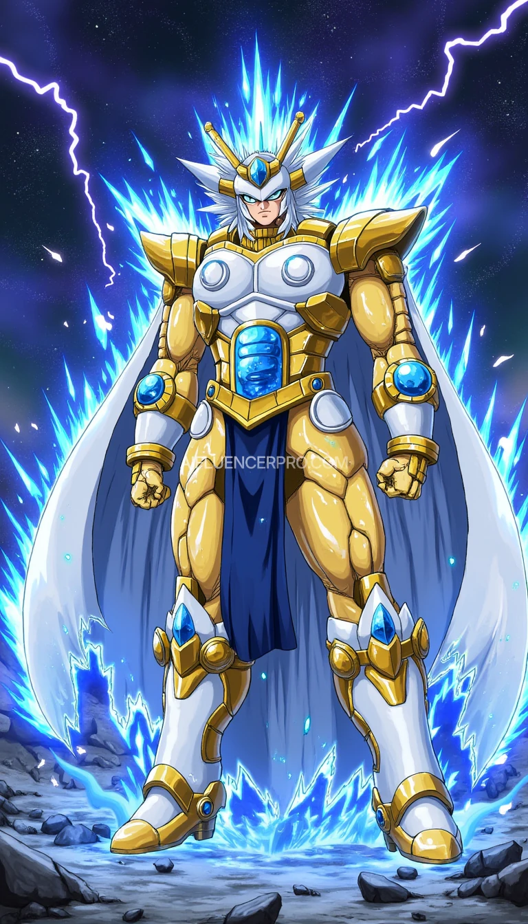 A Full body shot photo. Ancient Crickets, anime style with Ultra Instinct aura,
Armored in a shining and shiny Gold-blue armor surrounded by an intense energy aura.
The characters have determined expressions and muscular physiques,
and wear Gold Cybernetic armor with shining blue crystals,
heavy Gold White crystal armor and additional torn clothing as if they had just finished a battle.
The scene is filled with shining energy sparks, ice explosions, lightning cracks,
and a dark cosmic background with blue and purple hues.
The lighting is dramatic, emphasizing the glow of the armor and the energy aura,
with fine details on the arc reactor and body armor showing strength and resilience. Detail, 4K.