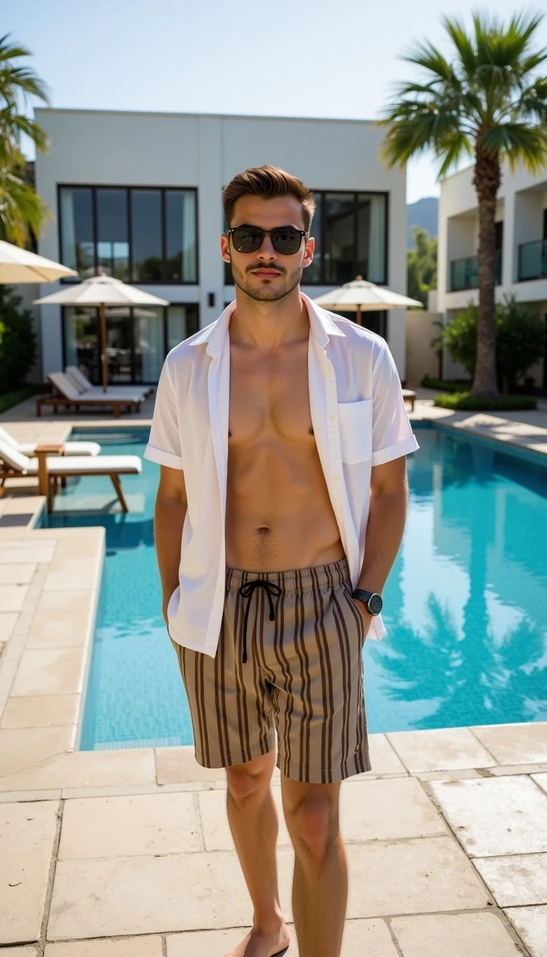 Photorealistic full-body photo of a young handsome man standing by a swimming pool in a luxury hotel resort. He has a fit, athletic build, stylish short haircut and light stubble. He is wearing striped brown swim shorts and a loose white short-sleeve shirt left slightly open, combined with fashionable sunglasses. The man stands in a relaxed confident pose, looking naturally toward the camera with a light smile. The background shows a luxury poolside setting with sunbeds, palm trees and modern resort architecture. Lifestyle influencer aesthetic, cinematic realism, ultra-detailed, 8K
The photo feels cinematic, influencer-style, high quality, professional composition.
Well lit picture, Style: Photorealistic Lighting: studio lighting 
Details: Bright Lighting, High Detail, 4K
he stand infront of camera , photoghraped by a photograph
