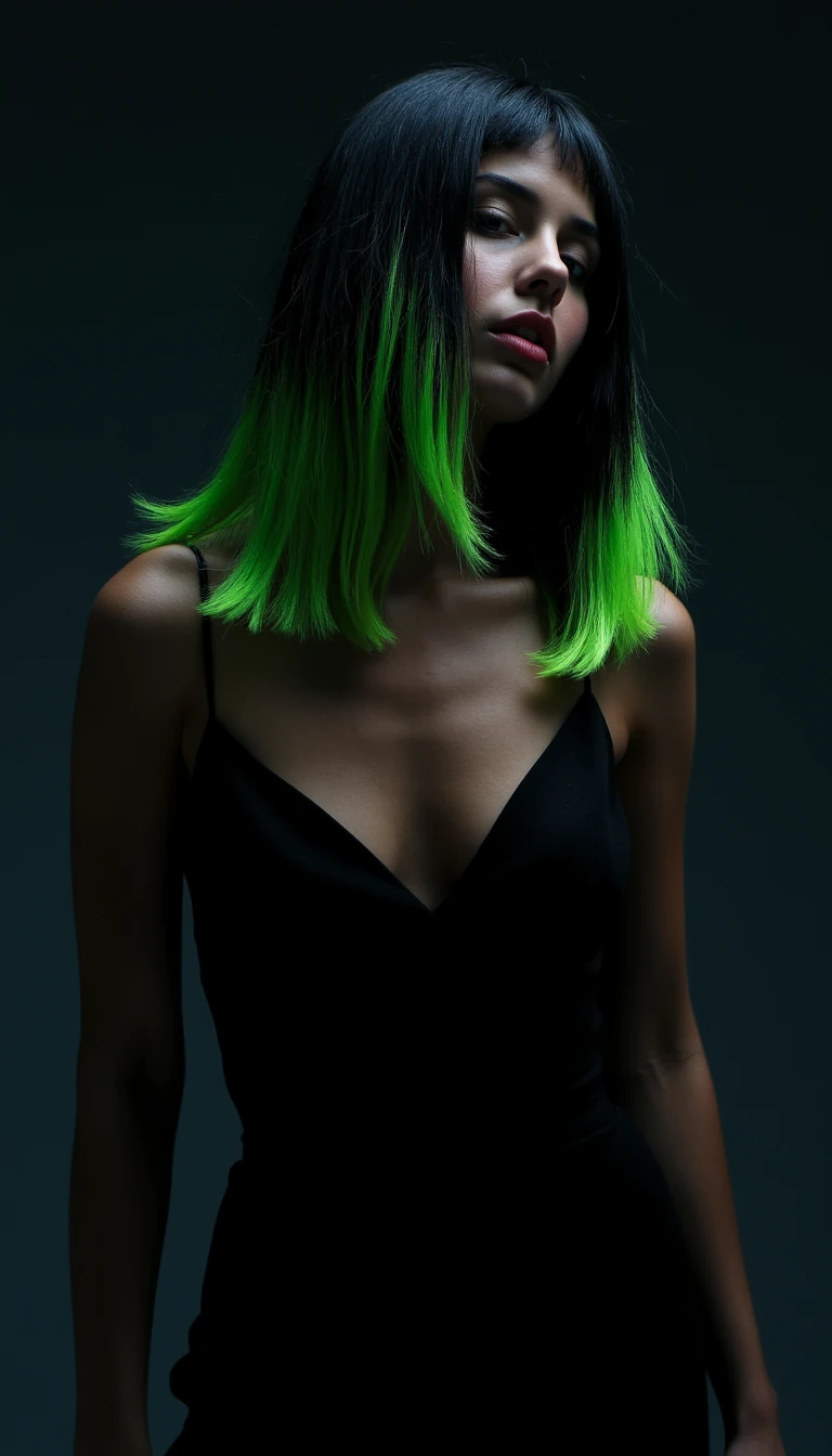 photo of woman CSTMDL, black hair with green neon streaks, busty, striking pose in professional studio, glossy skin tones, elegant dress, dramatic shadows, high-fashion editorial lighting, ultra realistic