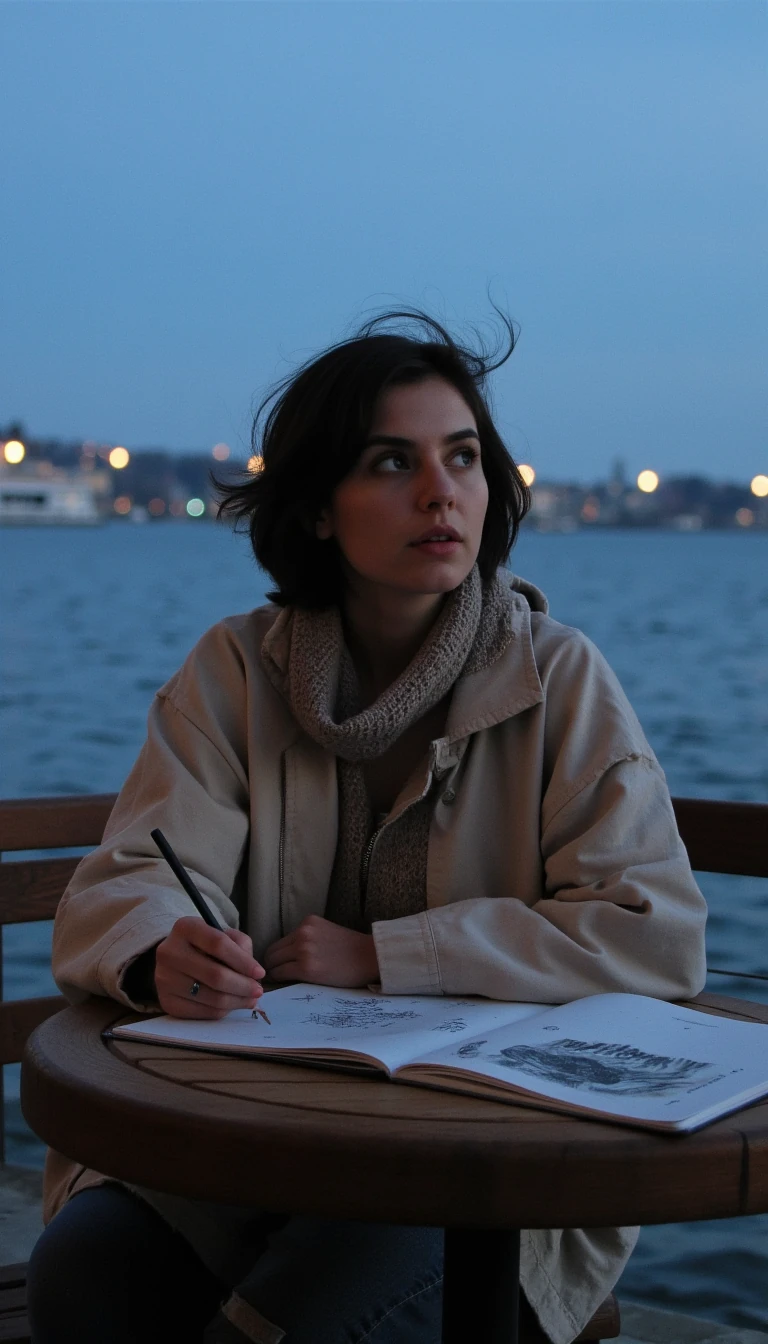 Ultra-realistic candid photo of a woman named Liv, 29, sitting at a small café table near a quiet lake in the early evening. She wears a light oversized jacket and a scarf, sketchbook open in front of her, pencil in hand. Her short, slightly messy dark hair moves gently in the wind. She looks up, half-lost in thought, as if about to say something meaningful. The lighting is soft and natural, like during blue hour. The mood is quiet, emotional, and artistic — like a spontaneous moment caught by someone who knows her well. Visible skin texture, analog film aesthetics.
