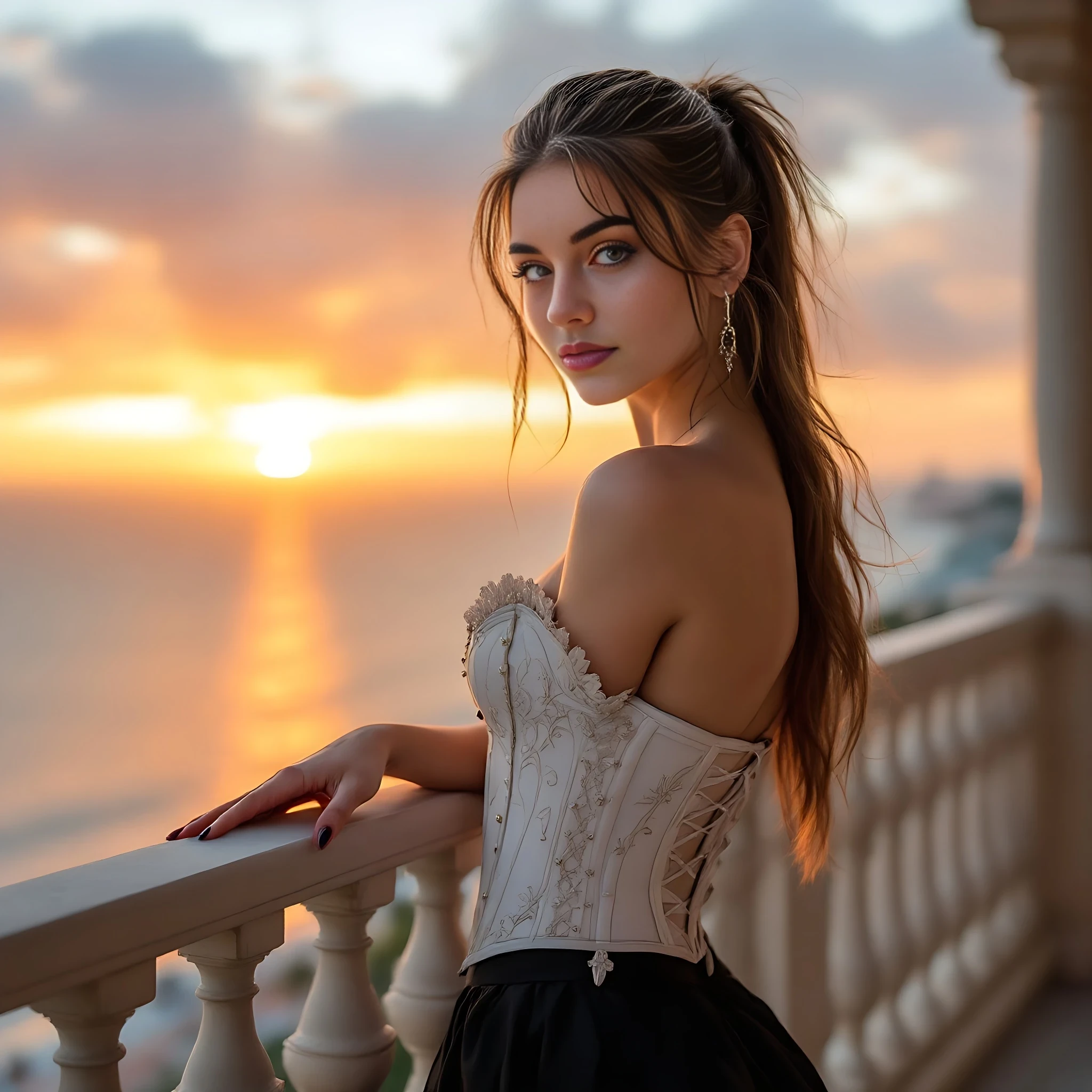 19 year old slavic girl dressed in a white classy corset, a black skirt, leaning against balcony overlooking the ocean sunset, hair in a ponytail, facing the camera