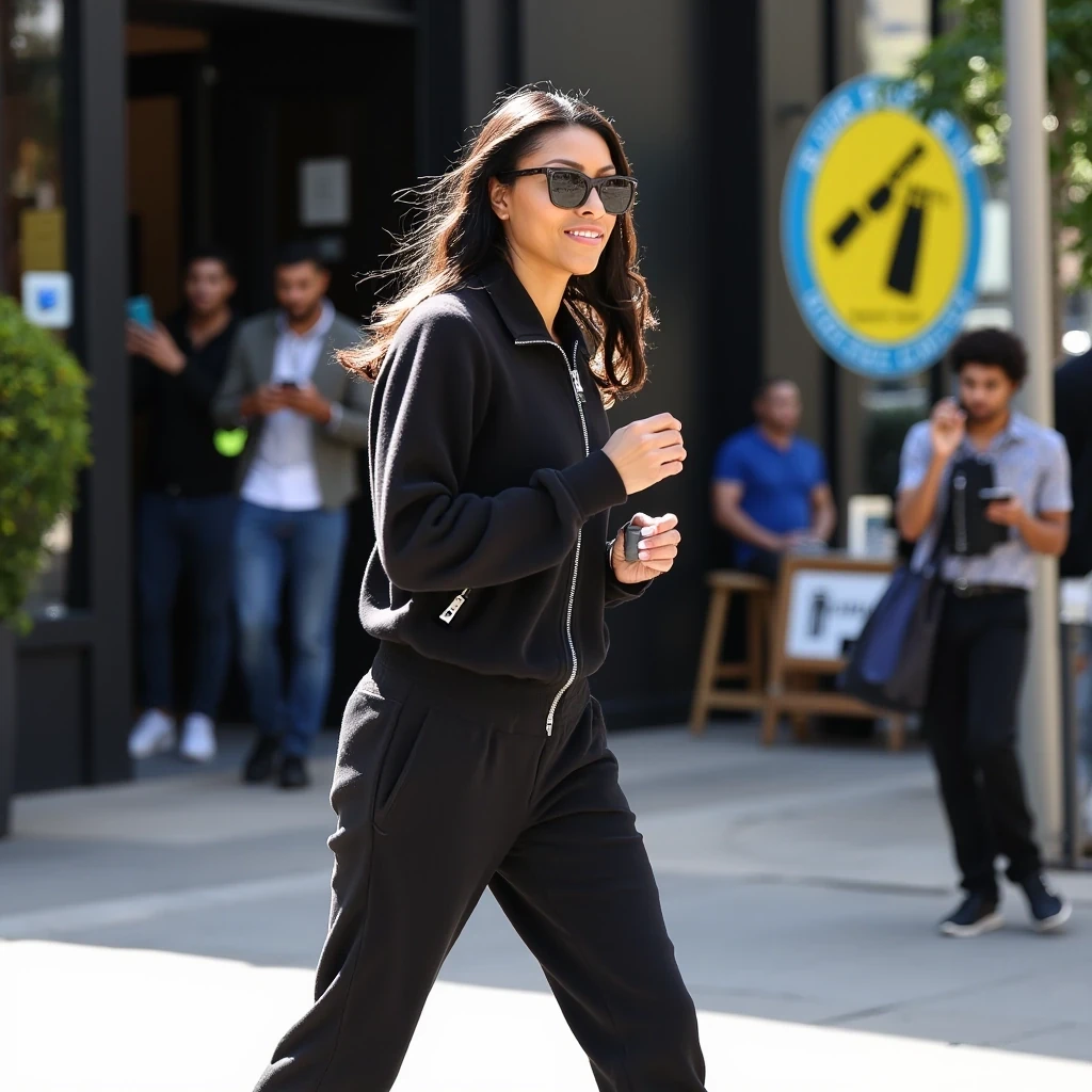 Coffee Run
Shot on Nikon Z9, 35mm f/1.4, ISO 2000, 1/160 sec. Candid morning shot outside Blue Bottle Coffee. Model in oversized sunglasses, Balenciaga track suit. Light olive brown skin natural and makeup-free, showing morning texture. Single on-camera flash mixed with morning light. Other customers in background looking at phone cameras. Slight motion blur as she walks briskly.
 CSTMDL