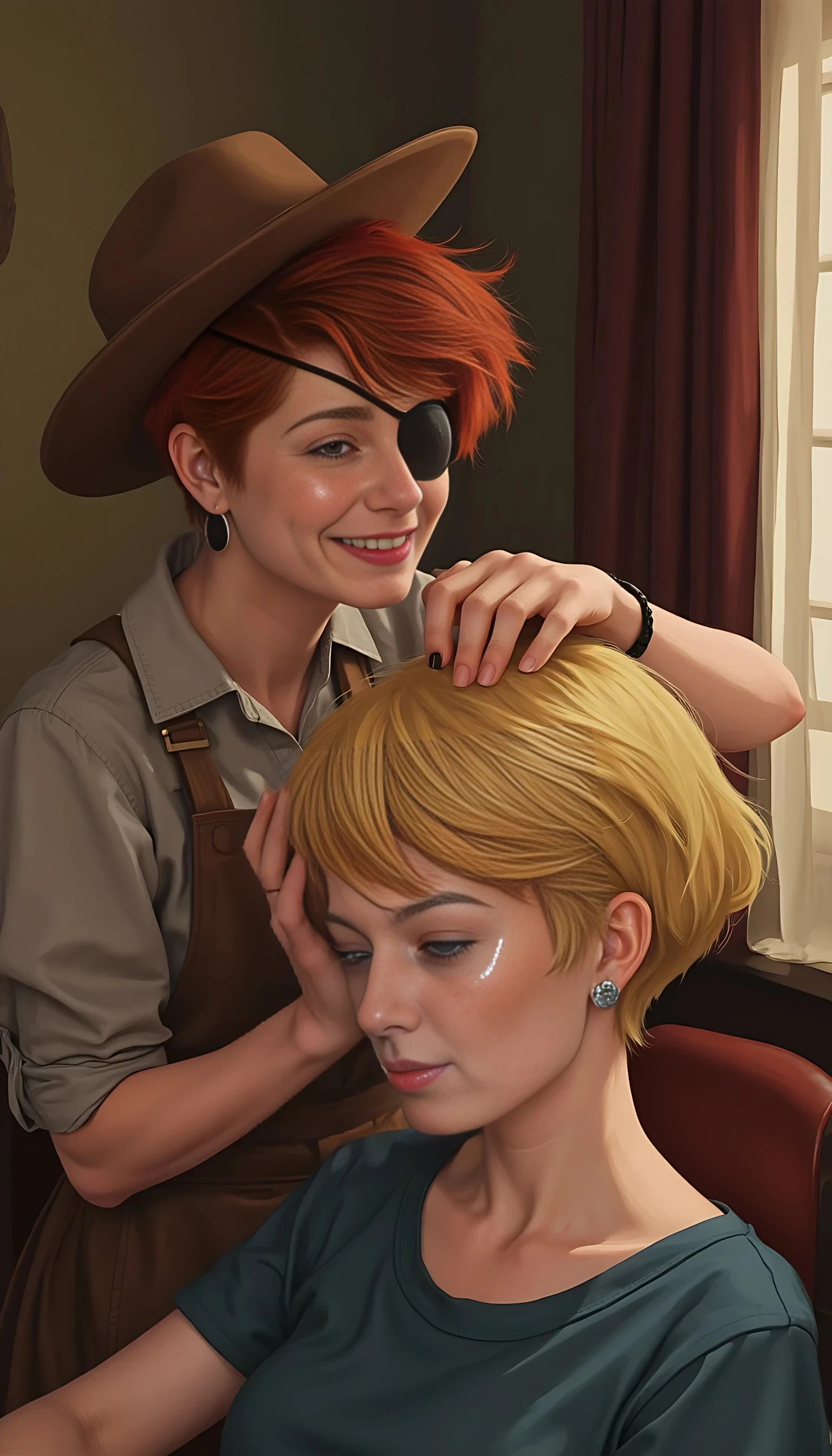 A short natural redhead pixie cut on a women. An eye patch on the just the left eye covering it. A brown cowboy hat. Playful smile. Realistic high quality photo. A short hair blonde sits on a chair. Her hair has just been cut off and she is crying a lot.  The redhead holds the blonde woman’s hair in her hands. 