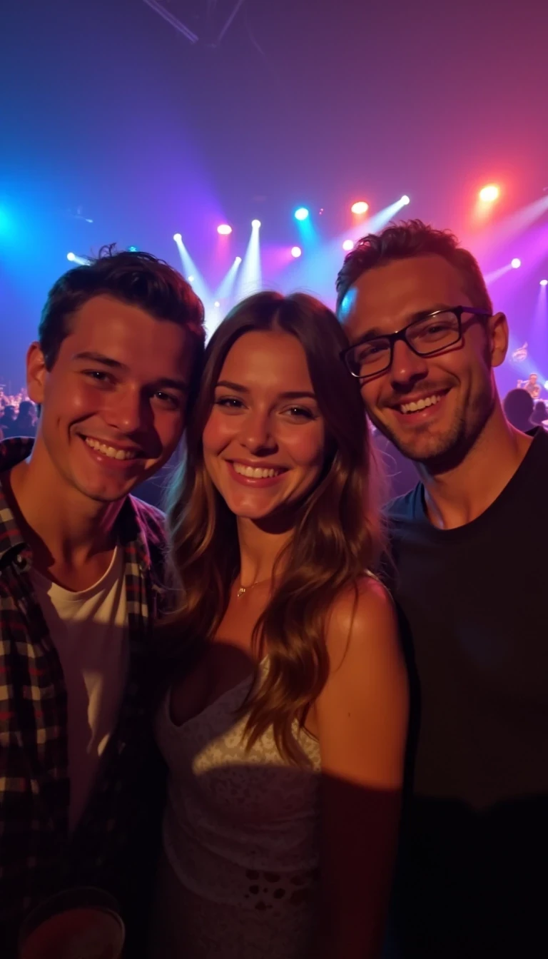 A low-quality Snapchat-style photo from around 2015, showing a young woman with a warm smile standing in the middle of a concert crowd, accompanied by a friend and a male friend beside her. She has soft, wavy brown hair cascading past her shoulders, and all three are illuminated by colorful stage lights that cast a gentle glow on their faces. The friends around her are smiling and enjoying the moment, with one of them holding a drink. The blurred background shows the stage with vibrant lights and faint silhouettes of musicians performing. The atmosphere is lively and fun, capturing the casual, joyful energy of friends at a concert.