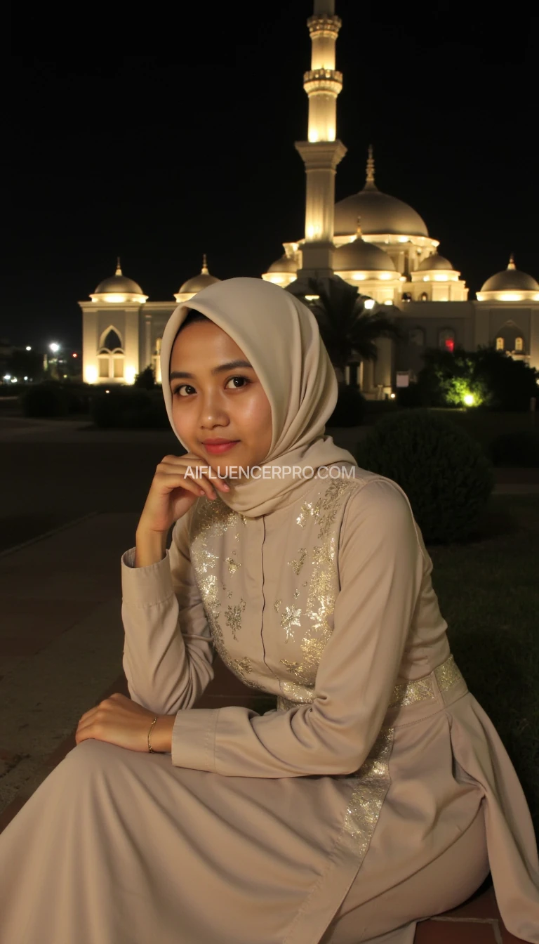 A serene night scene featuring A beautiful young Indonesian woman wearing a cream-colored hijab decorated with floral motifs,
sitting in an elegant pose. Her dress matches her hijab, embellished with intricate patterns.
She rests her chin on her hand, exuding grace and poise.
In the background, an illuminated mosque with grand domes and a tall minaret lights up the night, creating a captivating and peaceful atmosphere.
