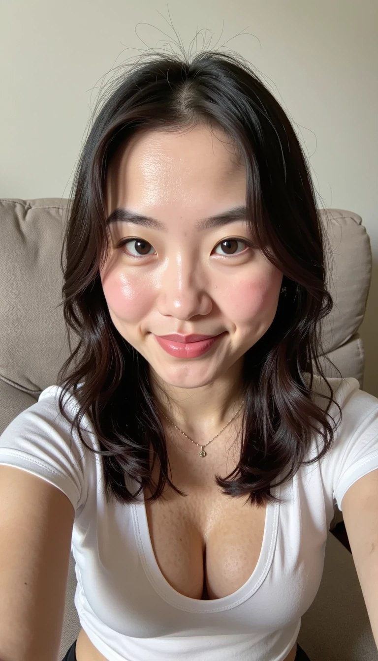 boring low quality snapchat photo circa 2015, Medium shot photo of CSTMDL, Selfie photo of CSTMDL, Close-up photo of, Amateur photography of CSTMDL, On flickr in 2007 blog, A young woman taking a selfie indoors while sitting on a neutral-colored couch. She is wearing a casual short-sleeve t-shirt instead of a bikini top, with the shirt fitting comfortably across her torso. Her skin is clear, smooth, and natural without any tattoos visible. The lighting is bright natural daylight coming from a nearby window, illuminating her face and upper body evenly. Soft shadows form on the side of her arm and along the contours of her face, emphasizing her skin texture including pores and faint natural imperfections. The background shows the couch with simple fabric texture and a plain wall, giving the scene a casual, lived-in feel. The overall composition resembles a spontaneous selfie, with her arm slightly extended toward the camera, creating a subtle perspective distortion typical of close-up phone selfies. The photo retains the slightly imperfect quality of amateur photography, making the scene feel candid and authentic. Sharp focus on facial features, High dynamic range, 85mm lens look