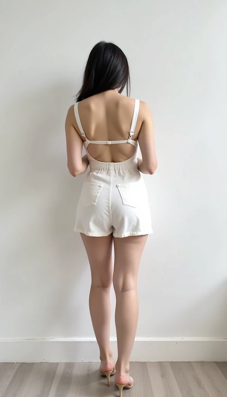 CSTMDL standing in front of a white wall wearing a cute short white dress. Picture from the ankles up, facing towards the camera 
