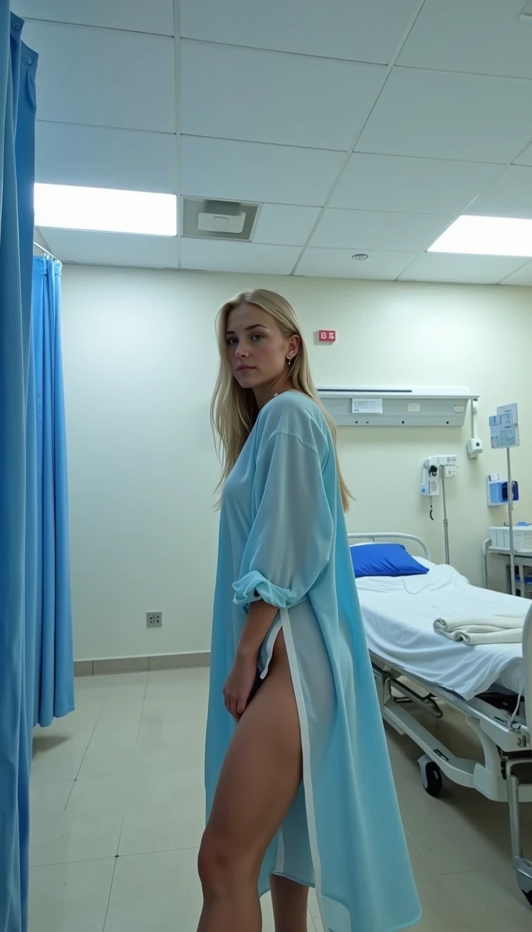 IMG_2019.HEIC, CSTMDL, Hailey, hyper-realistic photograph of a young woman in her early-20s with warm fair skin tone, blonde hair cascading over her shoulders, standing in a sterile hospital room with light blue privacy curtains drawn partially, wearing a loose-fitting light blue and white long hospital gown, the gown tied loosely at the back and slightly open to reveal her smooth bare back and buttocks, her body slightly arched as she looks over her right shoulder with a serious, intense gaze and subtle confident demeanor, no visible sweat or signs of exertion, no accessories except the gown, background includes a white-sheeted hospital bed with blue pillow and folded white blanket, medical equipment like an IV stand and glove box on a side table, fluorescent ceiling lights casting soft cool white illumination with subtle shadows on the tiled floor and walls, dominant colors are, soft blues, and sterile whites, overall atmosphere of quiet vulnerability mixed with subtle allure, medium shot from a low angle behind her, captured with a Canon EOS 5D Mark IV camera using a 50mm prime lens at f/2.8 aperture, ISO 200, natural indoor lighting with high detail and sharpness, photorealistic textures on the thin cotton fabric of the gown with faint wrinkles and soft folds, glossy tile floor reflections, ultra-detailed skin pores and hair strands, indistinguishable from a real high-resolution photo