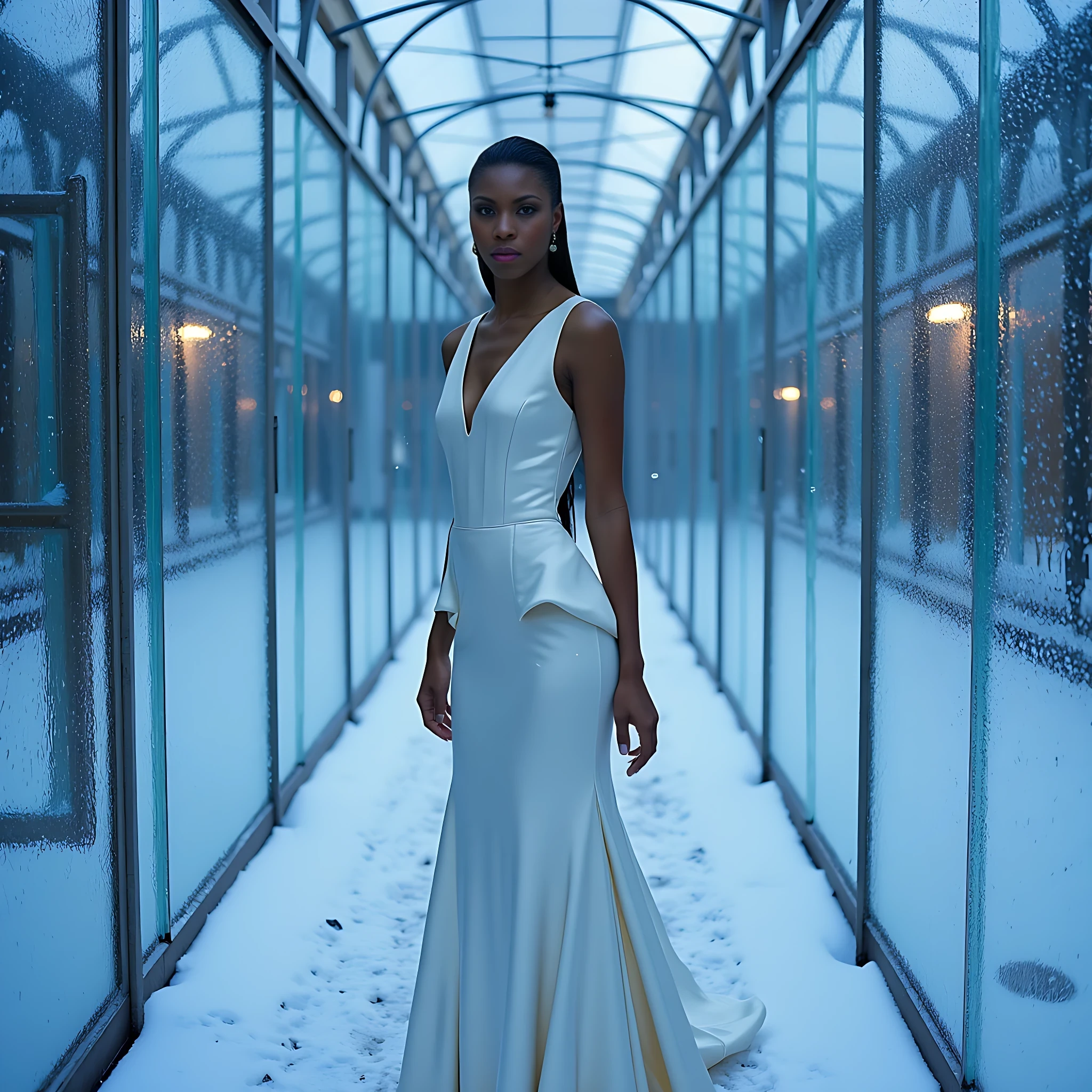 Winter Garden Twilight
Shot on Canon R5, 85mm f/1.2, ISO 400, 1/125 sec. Model in frosted greenhouse wearing Alexander McQueen white structured gown with ice-blue undertones. Light olive brown skin contrasting with surrounding snow-dusted glass walls. Skin texture shows subtle cold-induced flush. Lighting: deep blue twilight through glass ceiling mixed with warm interior spots. Pose references frozen motion, catching snowflakes. Location: Royal Glass House after snowstorm. CSTMDL