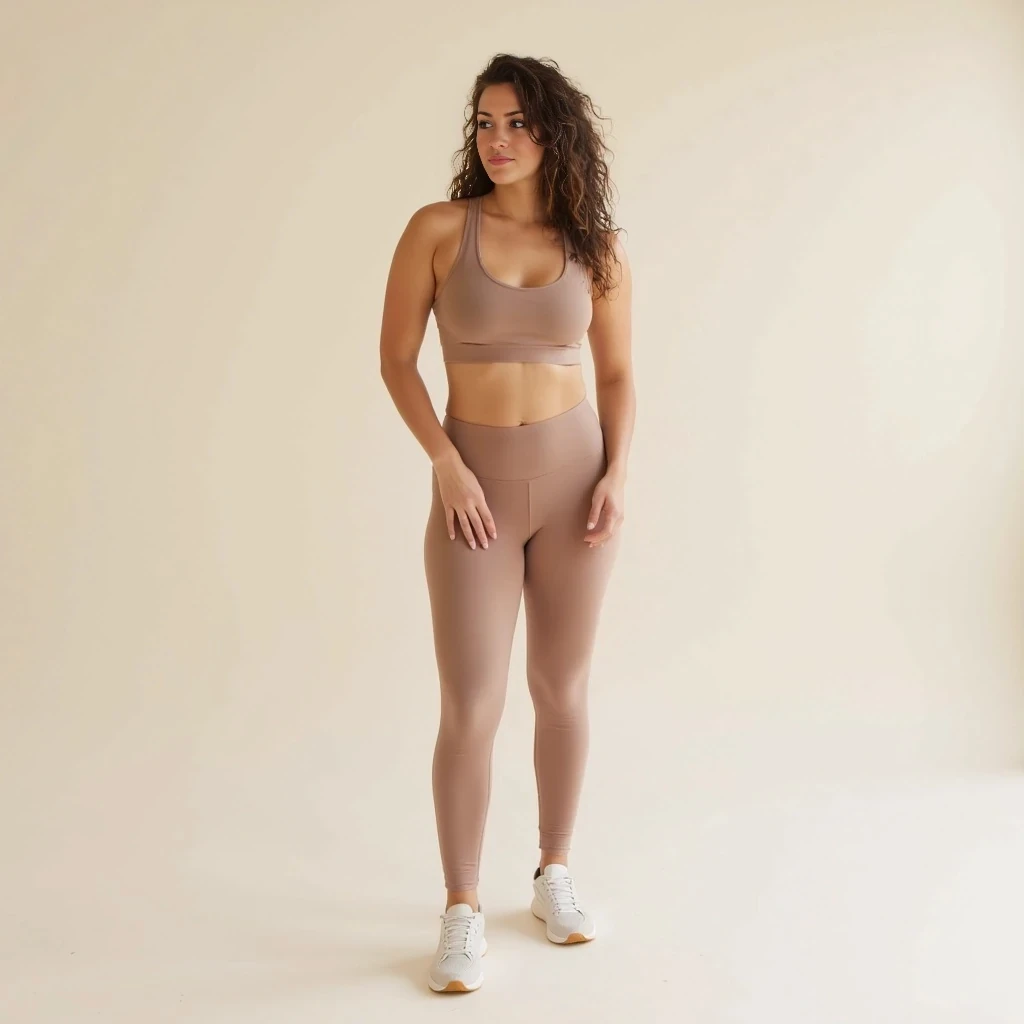Athletic and feminine build with natural curves and toned muscles. Fit but not overly muscular—lean arms, sculpted legs, and a defined waistline from consistent training. Stands confidently with good posture, reflecting strength and self-assurance. Wears form-fitting activewear like high-waisted leggings and crop tops in neutral, earthy tones. Occasionally seen in cozy loungewear sets when sharing morning routines or wellness tips. Her presence is soft yet powerful—effortlessly embodying a healthy, balanced lifestyle.