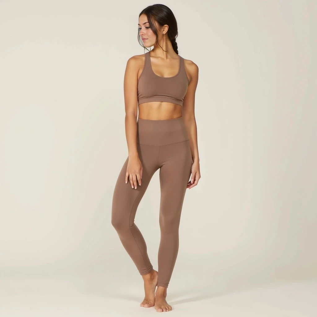 Athletic and feminine build with natural curves and toned muscles. Fit but not overly muscular—lean arms, sculpted legs, and a defined waistline from consistent training. Stands confidently with good posture, reflecting strength and self-assurance. Wears form-fitting activewear like high-waisted leggings and crop tops in neutral, earthy tones. Occasionally seen in cozy loungewear sets when sharing morning routines or wellness tips. Her presence is soft yet powerful—effortlessly embodying a healthy, balanced lifestyle.