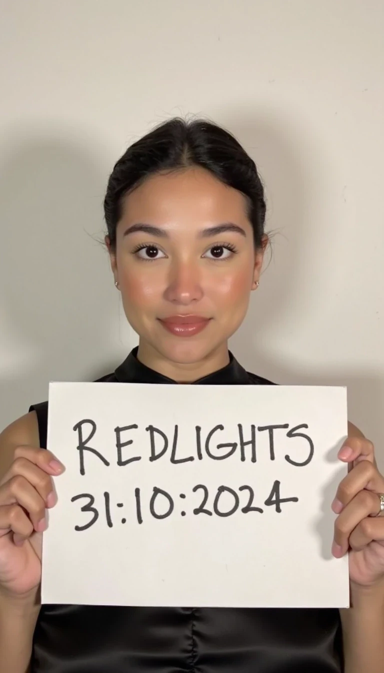photo of woman CSTMDL,  woman holds a sign with handwritten text. She is wearing a black sleeveless top and has neutral makeup. The sign reads "REDLIGHTS" followed by "31/10/2024" in a simple script. The background is a plain, light-colored wall, providing a minimalist and uncluttered setting.