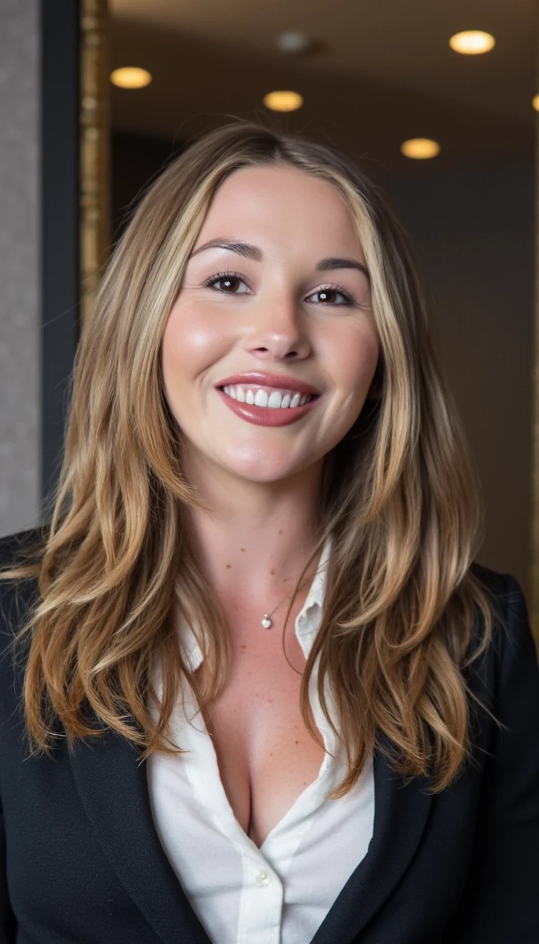 photo of woman CSTMDL, very skinny, office, mirror selfie, huge boobs, tan lines, dimly lit room, blonde, smiling, pale white skin, freckles, wearing woman’s suit, shirt pulled up 