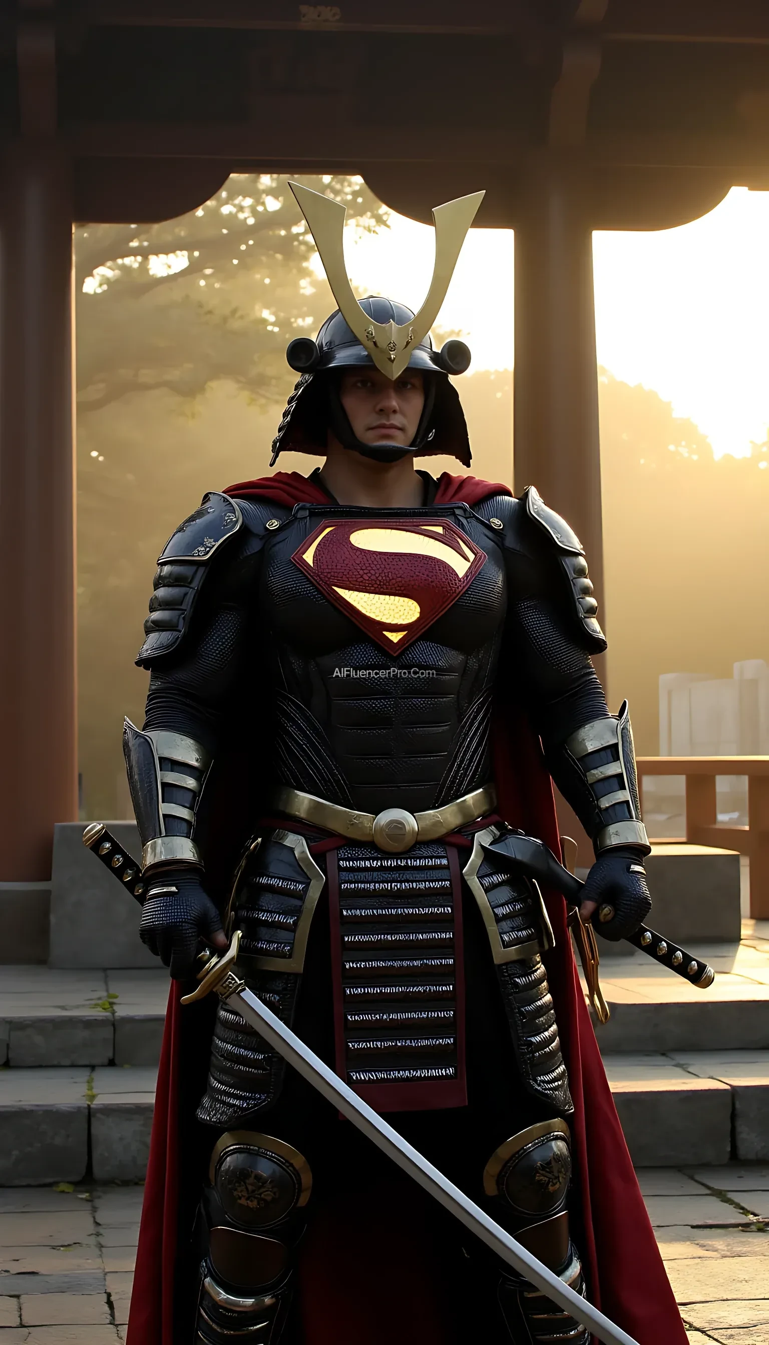 A photorealistic Superman wearing a majestic samurai-inspired suit, combining traditional Japanese armor with futuristic design. The samurai armor is adorned with intricate, metallic plating, featuring glowing accents that highlight the suit's advanced technology. His chest displays the iconic 'S' symbol, subtly incorporated into the armor's design. He wears a traditional samurai helmet, but with a modern twist, featuring sleek, aerodynamic lines. Superman wields a katana, its blade reflecting a sharp, deadly glow, while a shuriken is strapped to his side. The scene takes place in a serene, ancient Japanese temple at dawn, with soft sunlight breaking through the mist, casting a golden glow on the scene. The stillness of the temple is interrupted only by the faint sound of the wind rustling through the trees, creating a calm yet tense atmosphere as Superman prepares for battle.