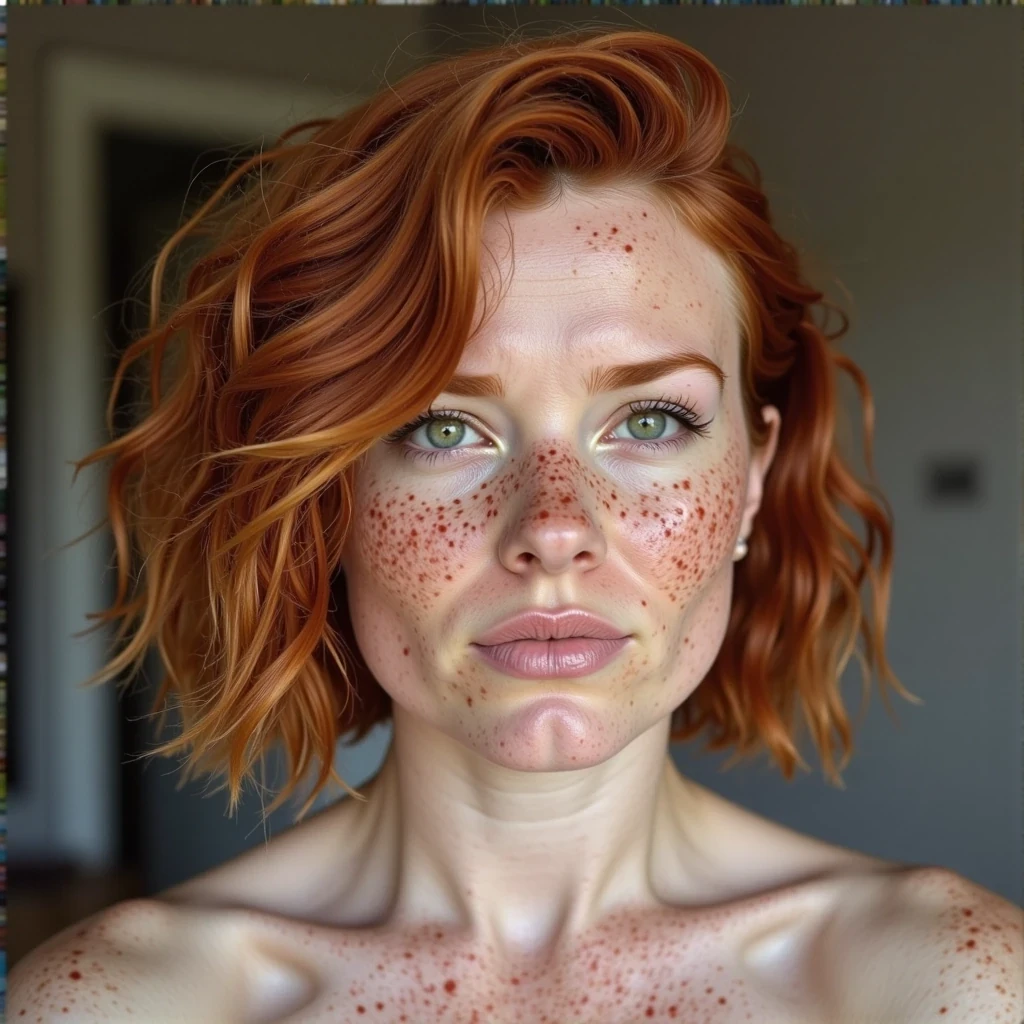 a portrait of a redhead with short wavy red hair, freckles, green eyes, she is curvy weighs 145 lbs, and has DD breasts,







