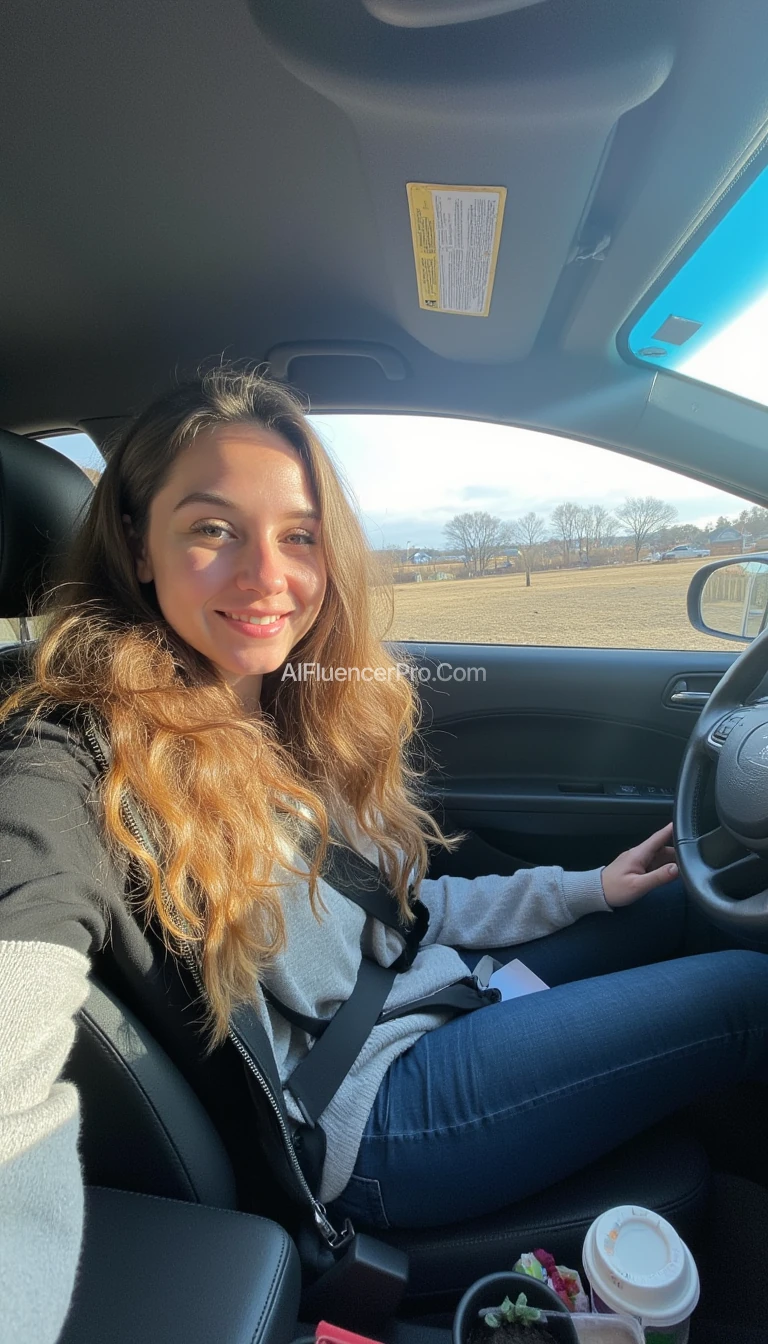 boring low quality snapchat photo circa 2015, A young woman with a warm smile, sitting in the driver's seat of a cozy car. She has soft, wavy brown hair cascading past her shoulders. The sunlight streams through the window, casting a gentle glow on her face. The interior of the car is neat and comfortable, with a coffee cup in the cup holder and a small plant on the dashboard. The background outside the window shows a scenic road lined with trees and blue skies