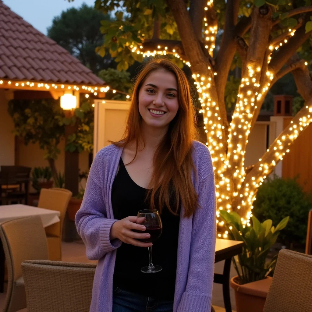 A full body shot photo of a woman standing outdoors at a cozy, warmly lit patio in the evening, with soft, glowing lights wrapped around a tree behind them creating a charming atmosphere. The image is rich in detail, with warm tones and clear textures throughout. The woman has fair skin, a slim build, and long reddish-blonde hair, also worn loose. She is smiling warmly at the camera, holding a glass of red wine in her right hand, and wears a soft-textured lavender cardigan over a black top. The background features a large tree with sparkling string lights wrapped around its trunk and branches, adding a magical touch to the scene. The setting suggests a private outdoor seating area, with elements like terracotta-tiled roofing, greenery, and rattan chairs contributing to a serene, inviting vibe. The overall composition is balanced, with the woman framed against the softly glowing tree, and the lighting enhances the warm, intimate feel of a quiet evening shared among friends. The details are vivid, with textures of clothing, skin, and background elements clearly visible, while the warm lighting creates a relaxed and joyful mood