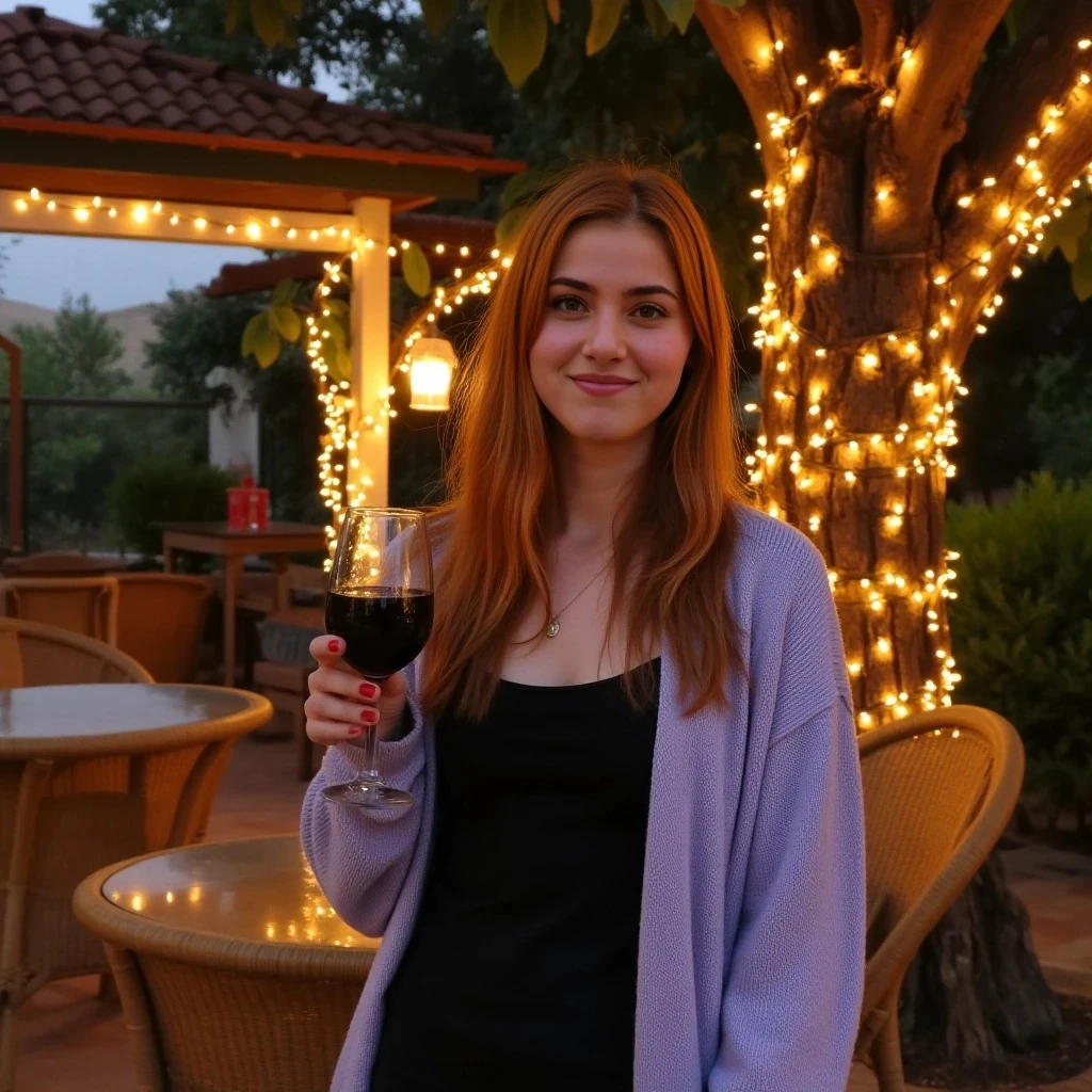 A full body shot photo of a woman standing outdoors at a cozy, warmly lit patio in the evening, with soft, glowing lights wrapped around a tree behind them creating a charming atmosphere. The image is rich in detail, with warm tones and clear textures throughout. The woman has fair skin, a slim build, and long reddish-blonde hair, also worn loose. She is smiling warmly at the camera, holding a glass of red wine in her right hand, and wears a soft-textured lavender cardigan over a black top. The background features a large tree with sparkling string lights wrapped around its trunk and branches, adding a magical touch to the scene. The setting suggests a private outdoor seating area, with elements like terracotta-tiled roofing, greenery, and rattan chairs contributing to a serene, inviting vibe. The overall composition is balanced, with the woman framed against the softly glowing tree, and the lighting enhances the warm, intimate feel of a quiet evening shared among friends. The details are vivid, with textures of clothing, skin, and background elements clearly visible, while the warm lighting creates a relaxed and joyful mood