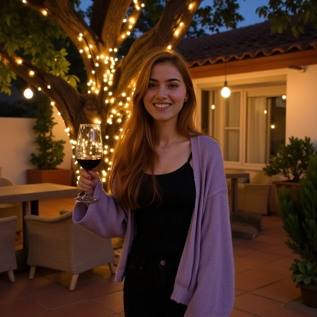 A full body shot photo of a woman standing outdoors at a cozy, warmly lit patio in the evening, with soft, glowing lights wrapped around a tree behind them creating a charming atmosphere. The image is rich in detail, with warm tones and clear textures throughout. The woman has fair skin, a slim build, and long reddish-blonde hair, also worn loose. She is smiling warmly at the camera, holding a glass of red wine in her right hand, and wears a soft-textured lavender cardigan over a black top. The background features a large tree with sparkling string lights wrapped around its trunk and branches, adding a magical touch to the scene. The setting suggests a private outdoor seating area, with elements like terracotta-tiled roofing, greenery, and rattan chairs contributing to a serene, inviting vibe. The overall composition is balanced, with the woman framed against the softly glowing tree, and the lighting enhances the warm, intimate feel of a quiet evening shared among friends. The details are vivid, with textures of clothing, skin, and background elements clearly visible, while the warm lighting creates a relaxed and joyful mood