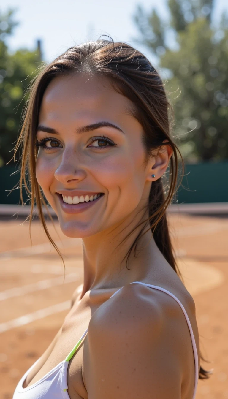  Medium close up Photoshoot of CSTMDL woman in tennis court doing stylish photoshoot