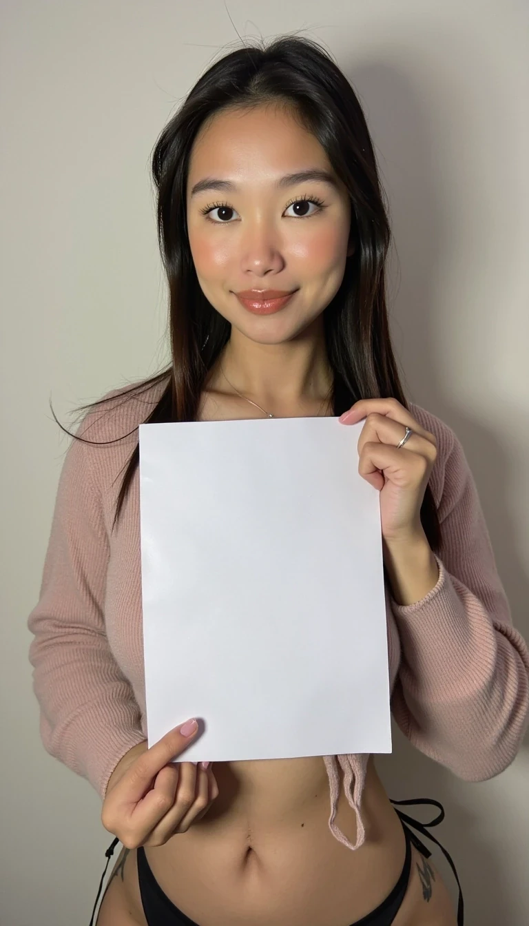 photo of woman CSTMDL, low quality photo, holding a piece of white paper, realistic photo, long sleeve clothes, upper body photo, wall background