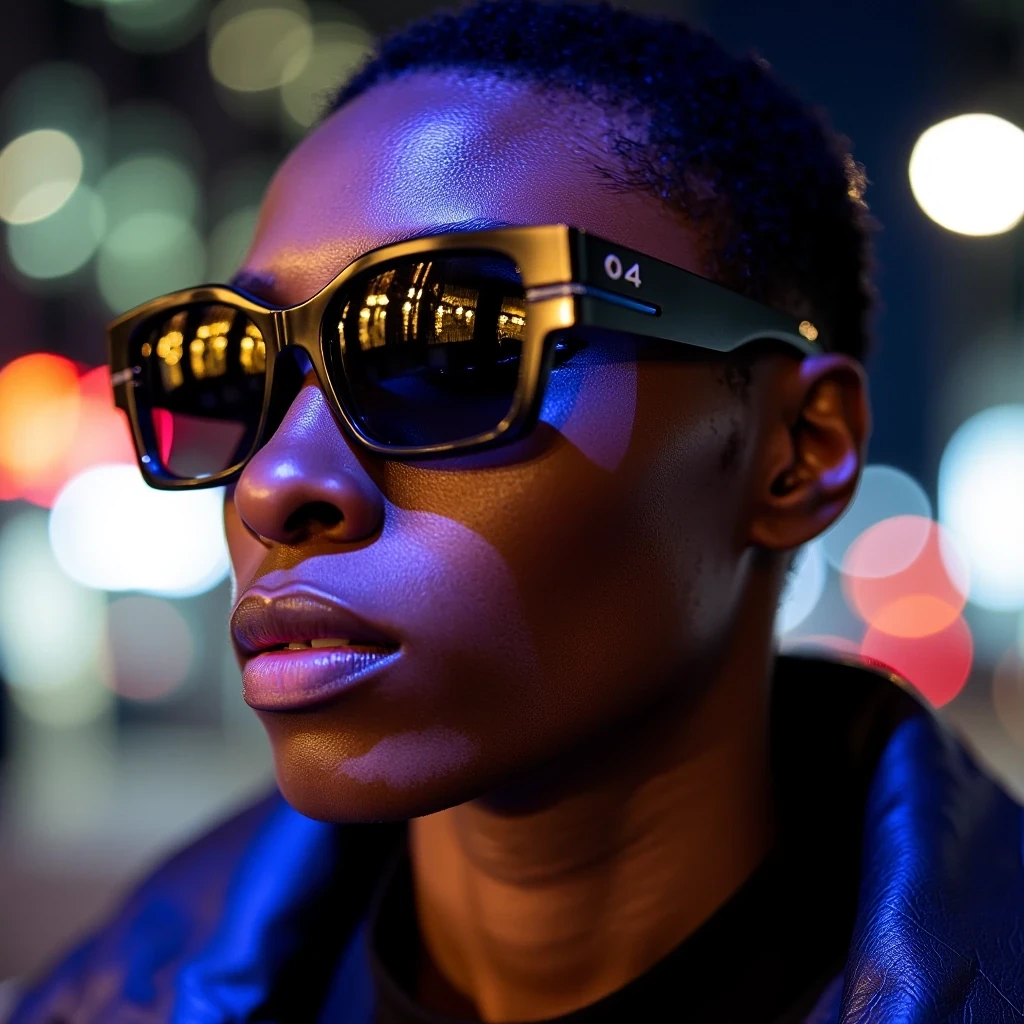 endi Sunglasses Launch
Shot on Canon R3, 50mm f/1.2, ISO 400, 1/200 sec. Extreme close-up profile. Oversized geometric sunglasses on model's sculptural features. Light olive brown skin with glowing highlight on cheekbones. Mixed lighting: Main beauty dish + colored gels for futuristic effect. Background: Motion-blurred city lights.

 CSTMDL