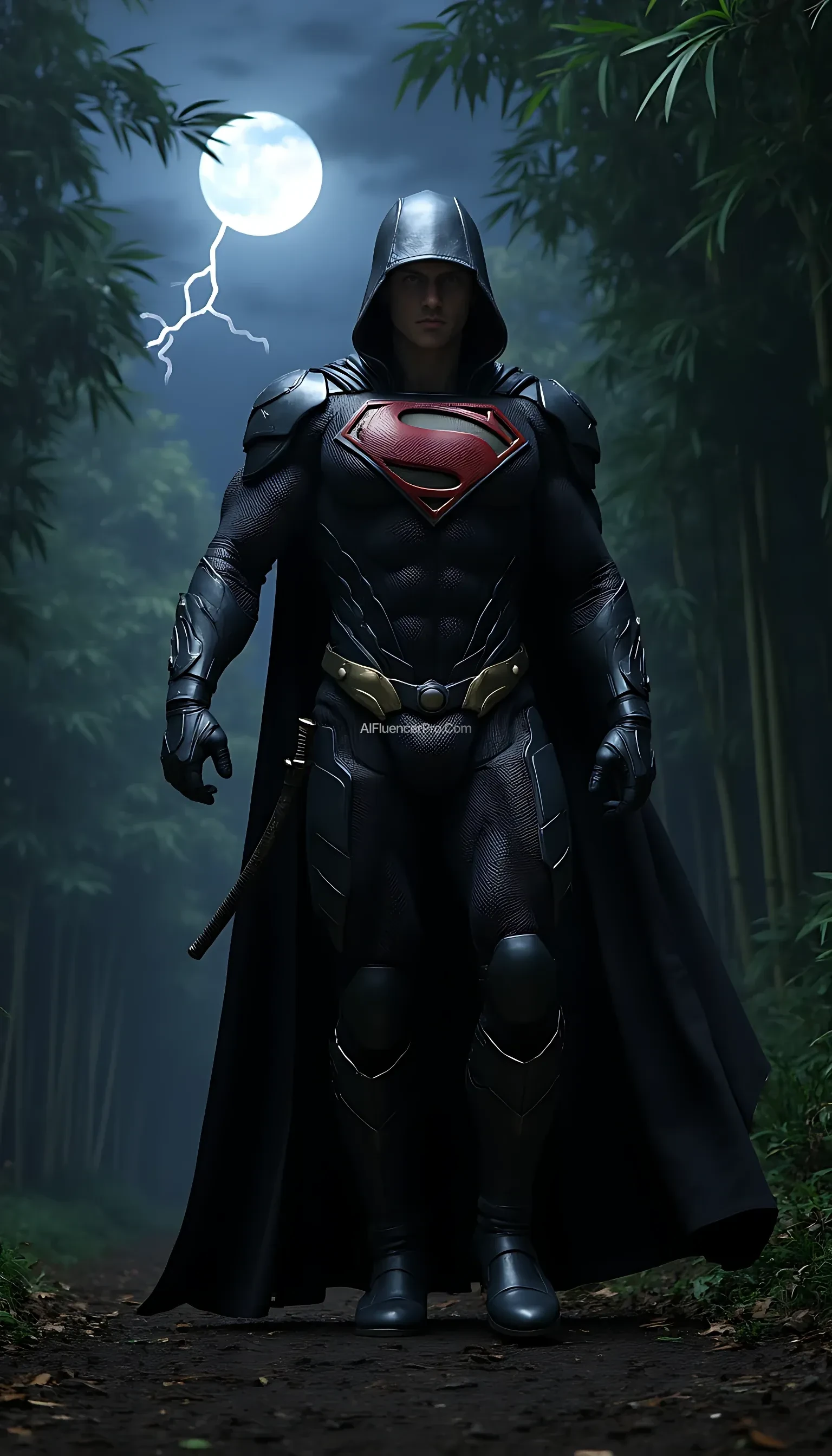 A photorealistic Superman wearing a modified ninja-inspired suit, walking with purpose while pulling back the hood of his traditional ninja cloak. The suit is sleek and metallic, blending robotic elements with armor plating. As he walks, the hood is slowly drawn back, revealing Superman's determined expression. The iconic 'S' symbol on his chest gleams with power. His katana hangs at his side, ready for action. The scene takes place in a misty bamboo forest at night, where moonlight filters through the dense foliage, casting sharp contrasts of light and shadow. A distant thunderstorm flashes faint lightning on the horizon, enhancing the cinematic atmosphere. Superman walks confidently, his cloak billowing behind him as he readies himself for the coming challenge