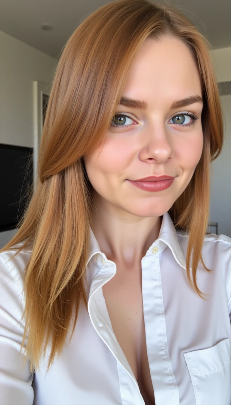 boring low quality snapchat photo circa 2015, cute woman, soft strawberry blonde hair, girl next door beautiful and elegant in full outfit with big boobs make this girl adorable