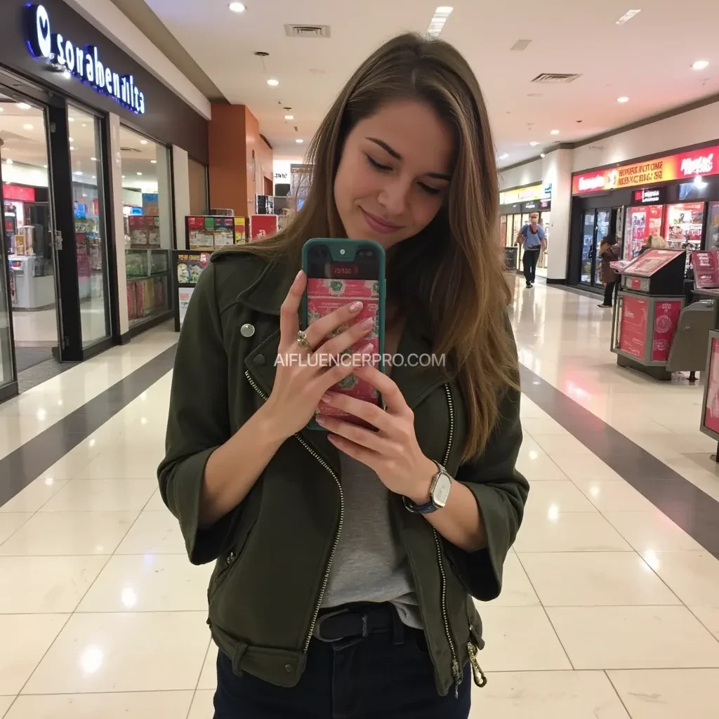 boring low quality snapchat photo circa 2015, average looking woman, full outfit, standing, soft light brown hair, mall background