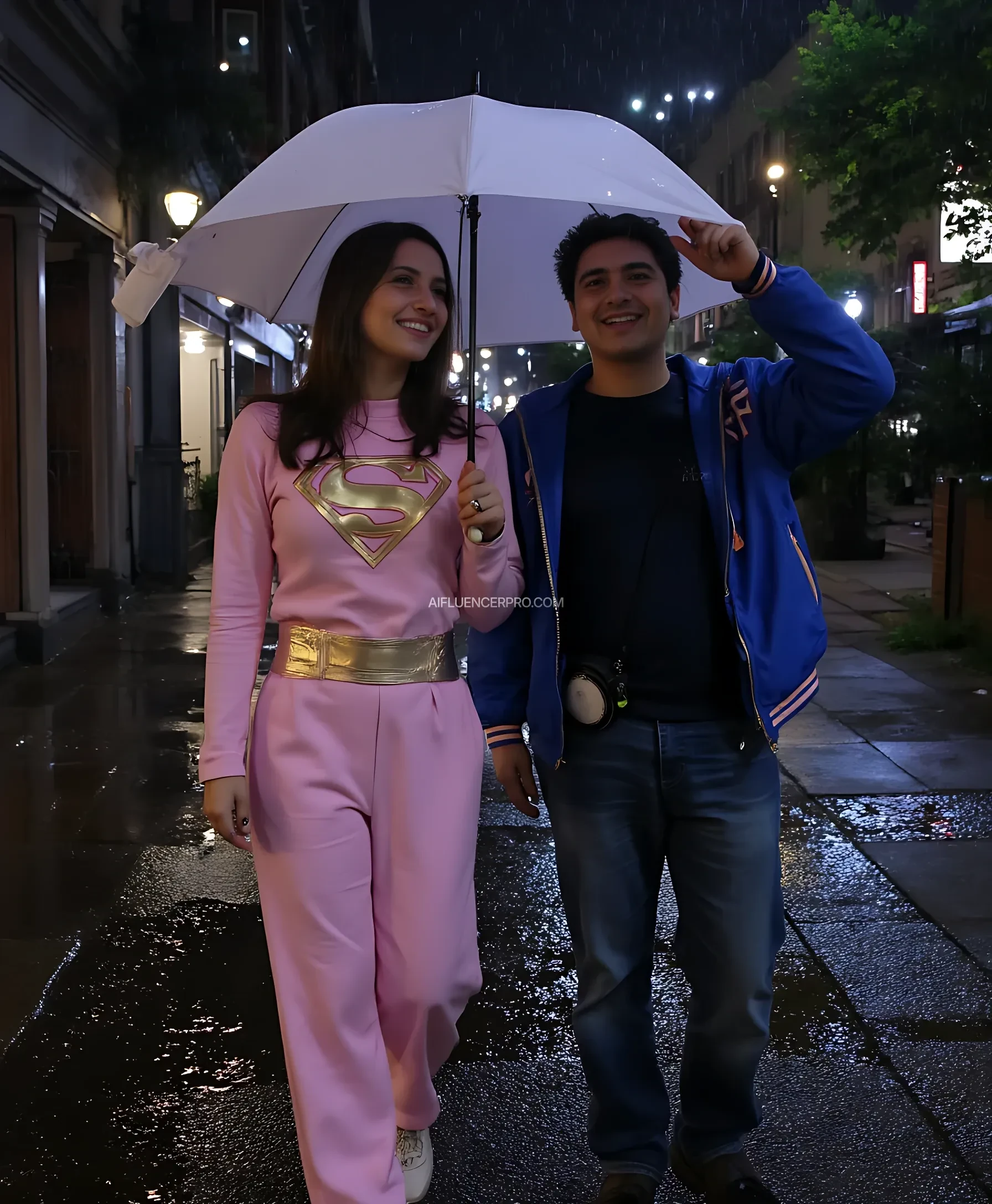 "A photorealistic depiction of a dark, wet city street at night, with rain falling softly. Supergirl is walking alongside her companion. She has a warm and kind face resembling Melissa Benoist, with her iconic 'S' logo subtly incorporated into her pastel outfit, along with matching trousers and hijab. She smiles warmly as she looks up at her companion, who is dressed in a navy shirt, blue jacket, and jeans, holding a white jacket above their heads as an impromptu umbrella. The wet pavement reflects the sparkling city lights, and the puddles create additional texture and depth. The overall scene is romantic and cinematic, with glowing reflections and a sense of connection between the two characters."