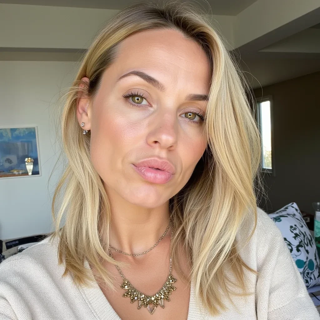 A woman with light blonde hair and hazel eyes, wearing a light knitted top and a statement necklace. She has a relaxed, slightly playful expression, with her lips pursed as if posing for a casual selfie. The lighting is soft and natural, giving the image a warm, candid feel.