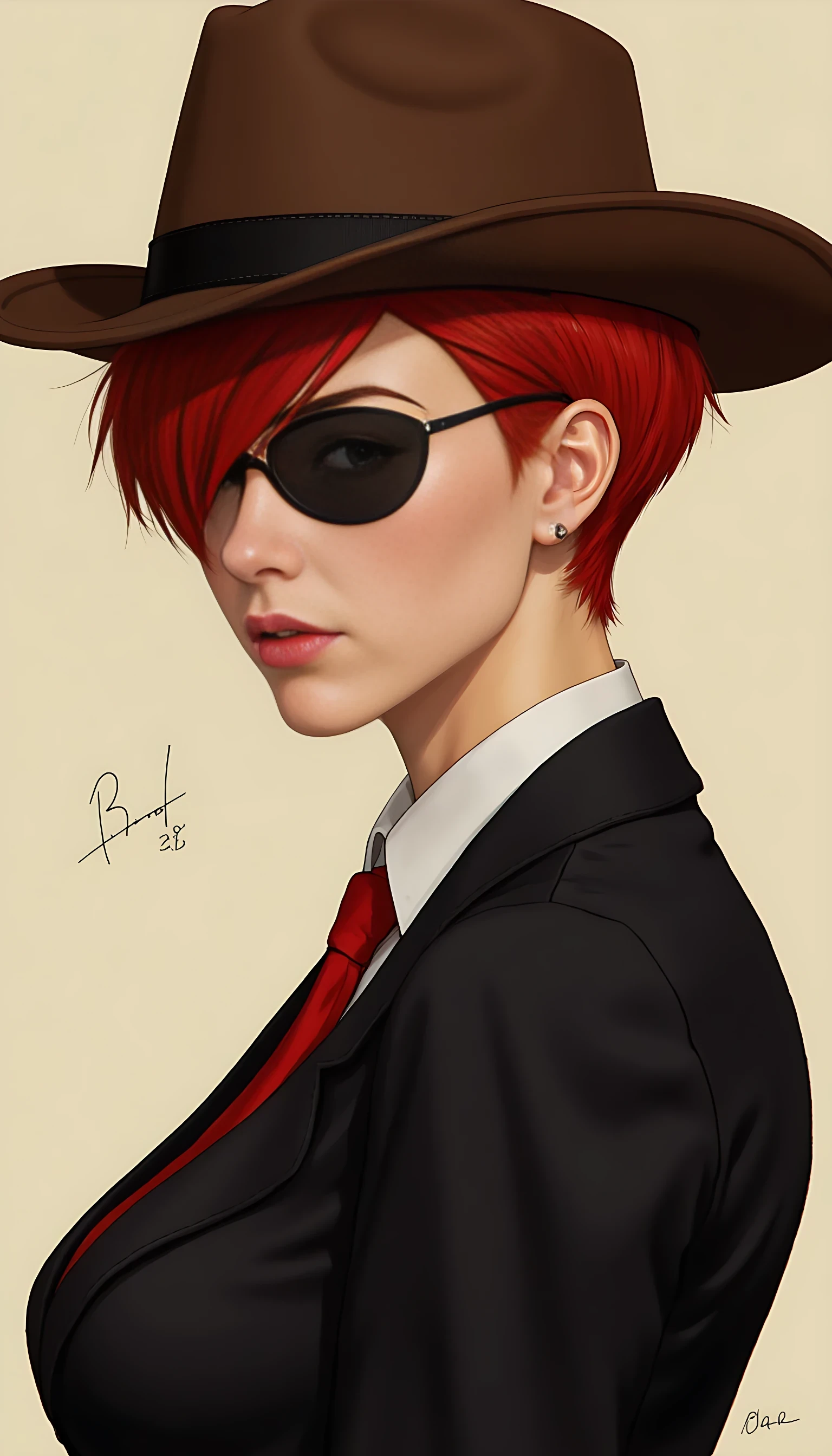 A short red hair woman with a pixie haircut. She has an eye patch over her left eye. She wears a brown cowboy hat. She is dressed in a man’s business suit. 