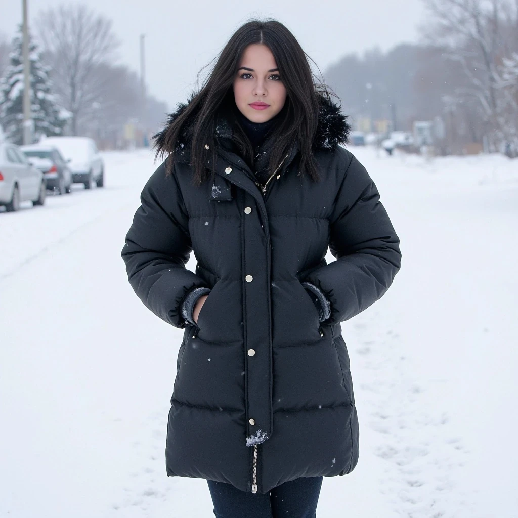 boring low quality snapchat photo circa 2015, slim thick russian woman, full snowy outfit, standing, soft black hair, snowy background