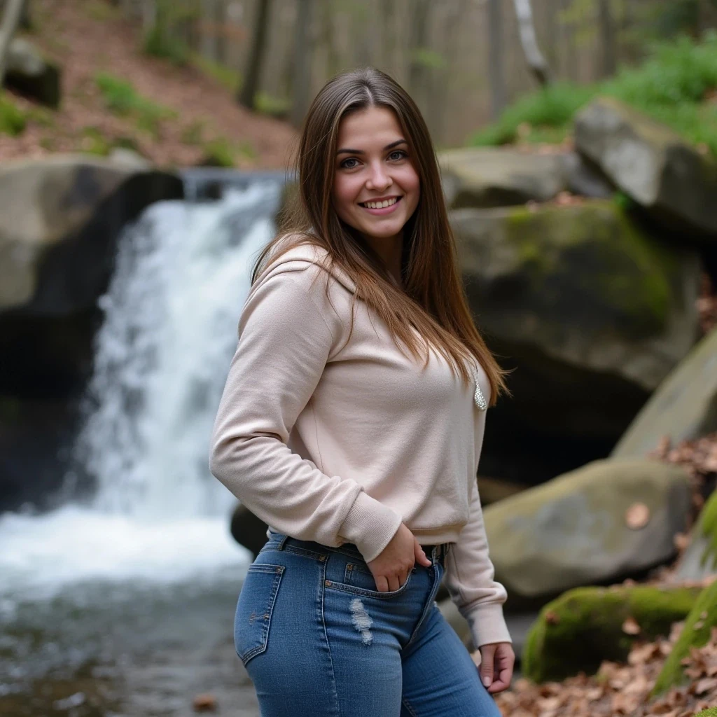 young 24 year old sexy Russian woman with brown hair and green eyes, big boobs, sexy ass, wearing tight jeans, a hoodie, posing in the woods next to a waterfall, has a warm smile