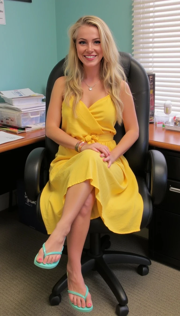 Sitting in the office with yellow sundress and flip flops with suckable teal toes.  Same face with blonde hair